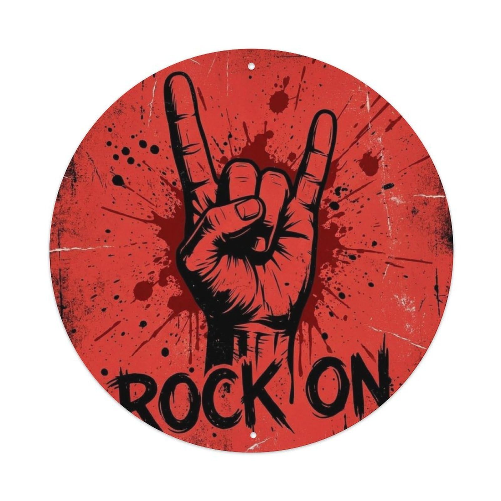 Rock On Music Quote Vintage Electric Guitar Classic Amplifier Metal Tin Sign Plaque Wall Decor for Cafe, Man Cave, Club Bar, Office, Home Garden Round Metal Poster 8x8Inch