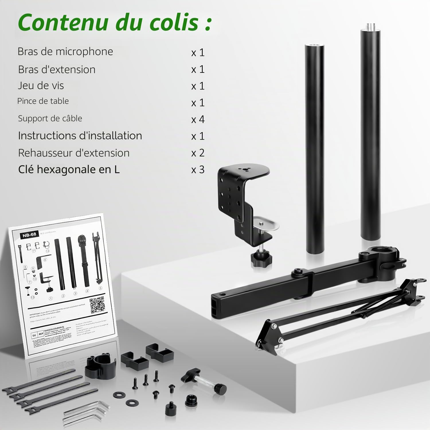 Bras Micro Réglable en Hauteur avec Barre D'extension Surélevée Support Microphone pour Shure SM7B, Blue Yeti, HyperX QuadCast S et Autres Microphones