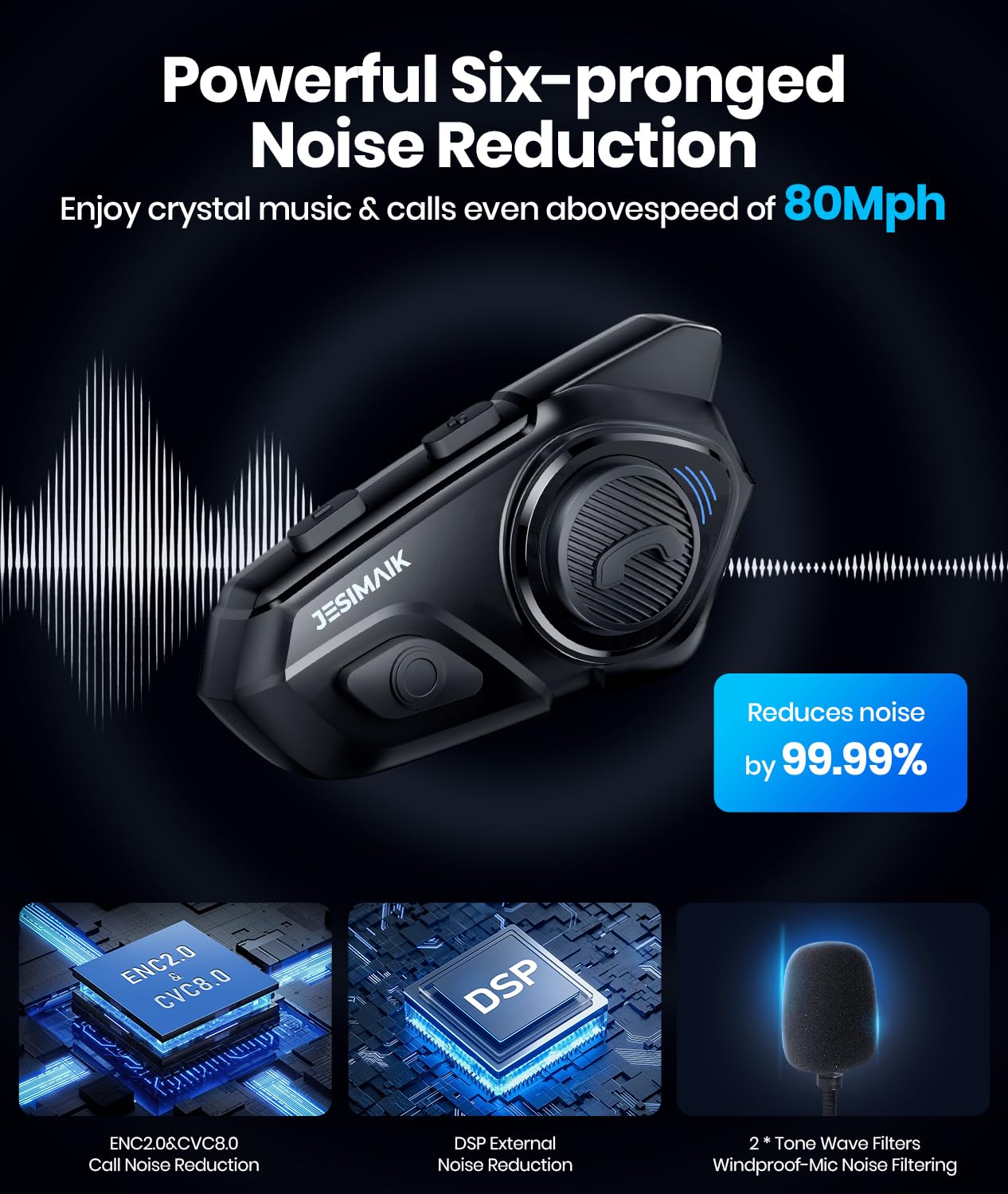 JESIMAIK Auriculares Bluetooth para casco de motocicleta, sistema de comunicación de casco de 10 vías de 2 km, intercomunicador de audio multitarea, 2 micrófonos y altavoz de 40 mm, 1 paquete
