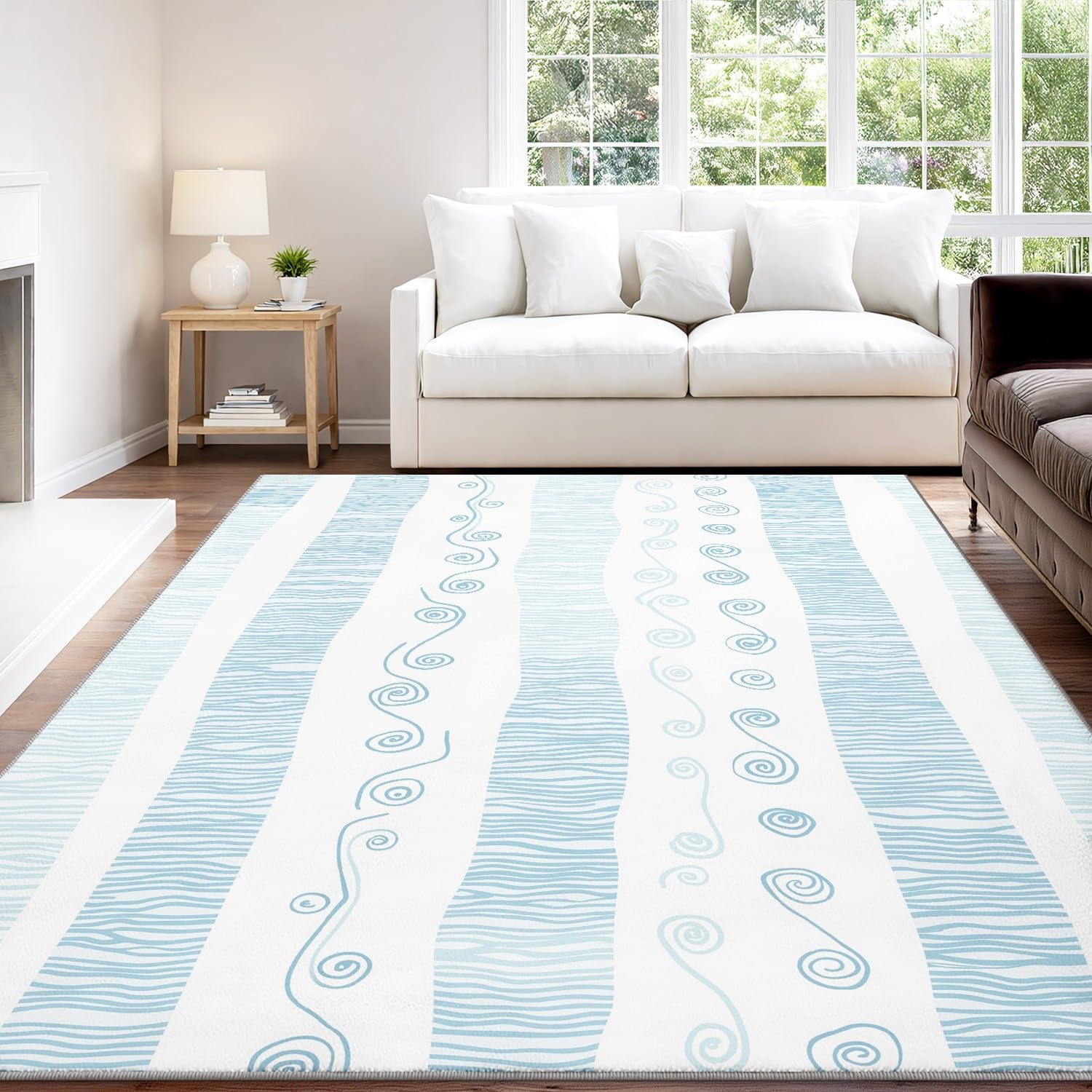 Minimalistyczny dywan nordycki Bohema, prosty, naturalny obszar, 150 x 210 cm, niebiesko-białe paski, wirowy, krótkie runo, do domu, do gabinetu, salonu, antypoślizgowy, zmywalny dywan