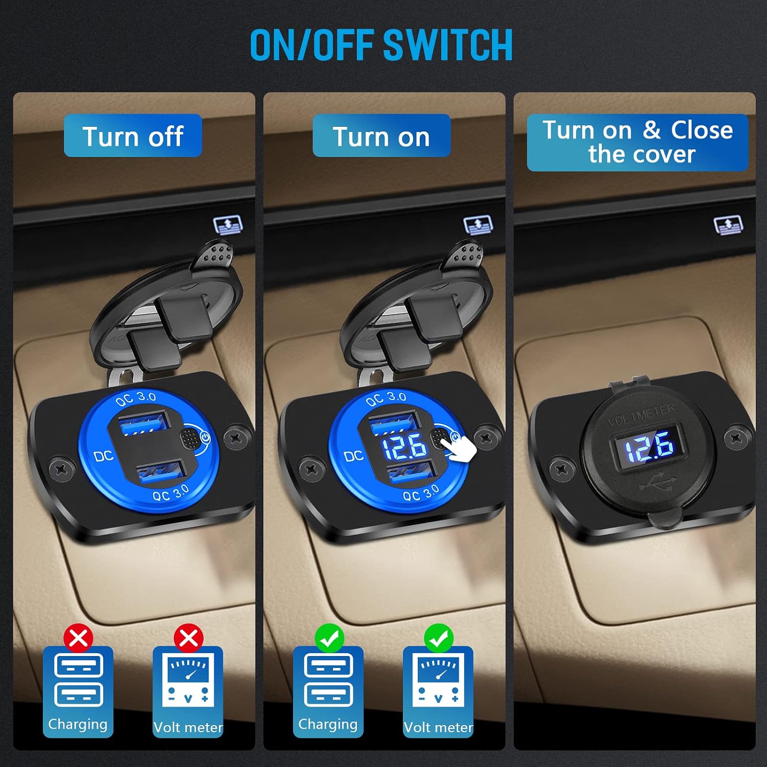 [Upgraded 2022] 12V/24V USB Outlet with Voltmeter& ON/Off Switch, Quick Charge 3.0 Dual USB Power Outlet, Waterproof Fast Charge USB Charger Socket DIY Kit for Car Boat Marine (Blue)