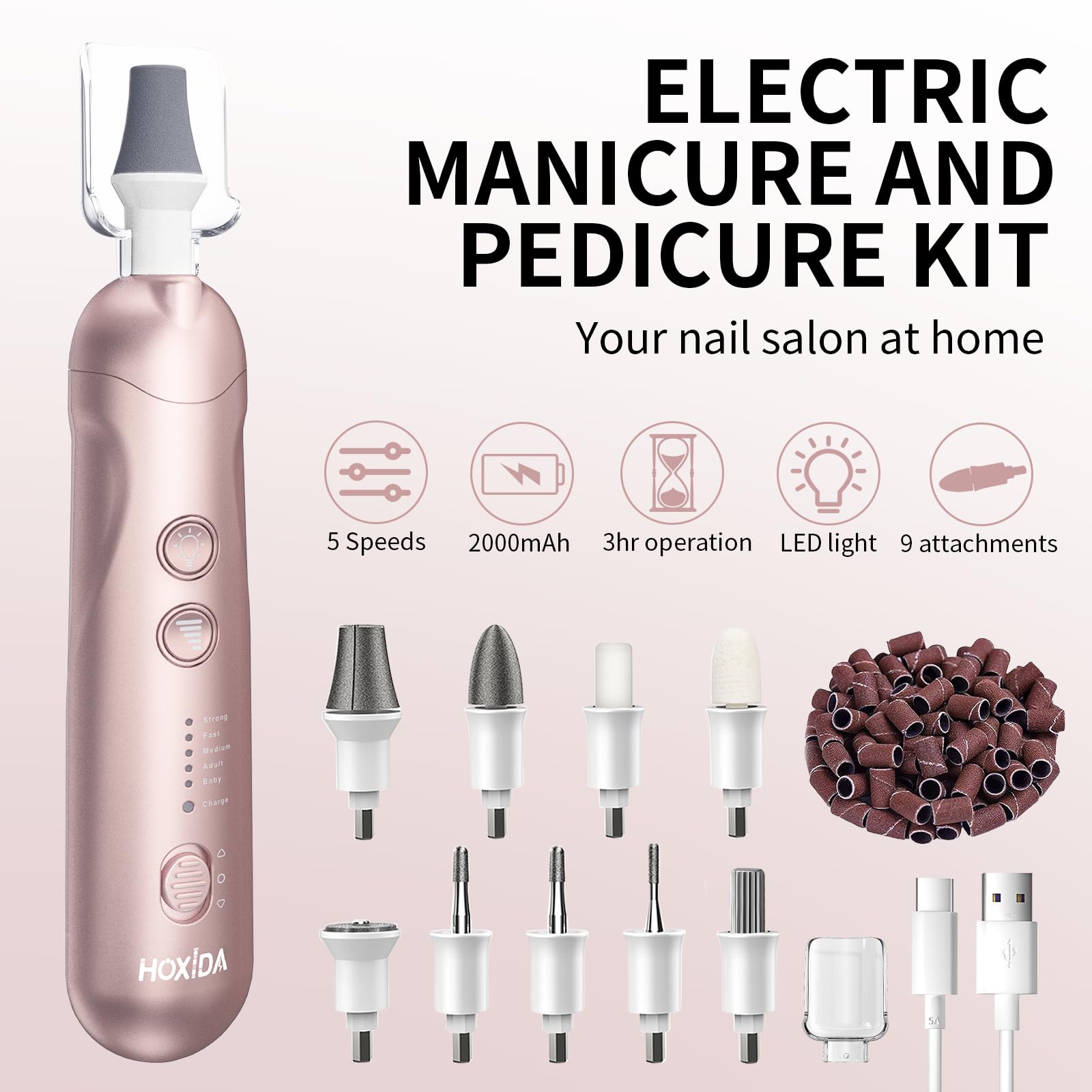 Kit de manicura y pedicura profesional con estuche, juego de limas eléctricas inalámbricas, herramientas de pedicura recargables para pies, 5 velocidades, cuidado de manos y pies, taladro de uñas para
