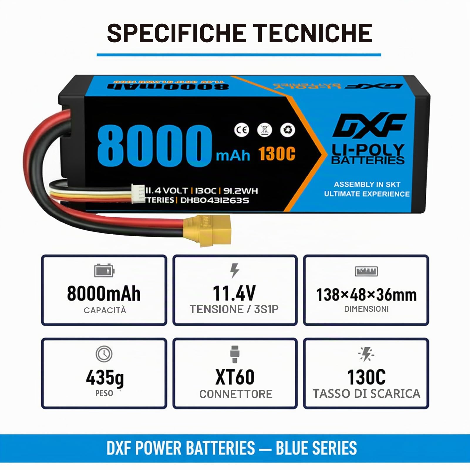 DXF 3S HV LiPo Batteria 11,4 V 8000 mAh 130 C Confezione da 2 batterie con spina XT90 per 1:8 1:10 RC Auto Truck Buggy Veicoli Racing Offroad Modellismo ad alte prestazioni senza spazzole