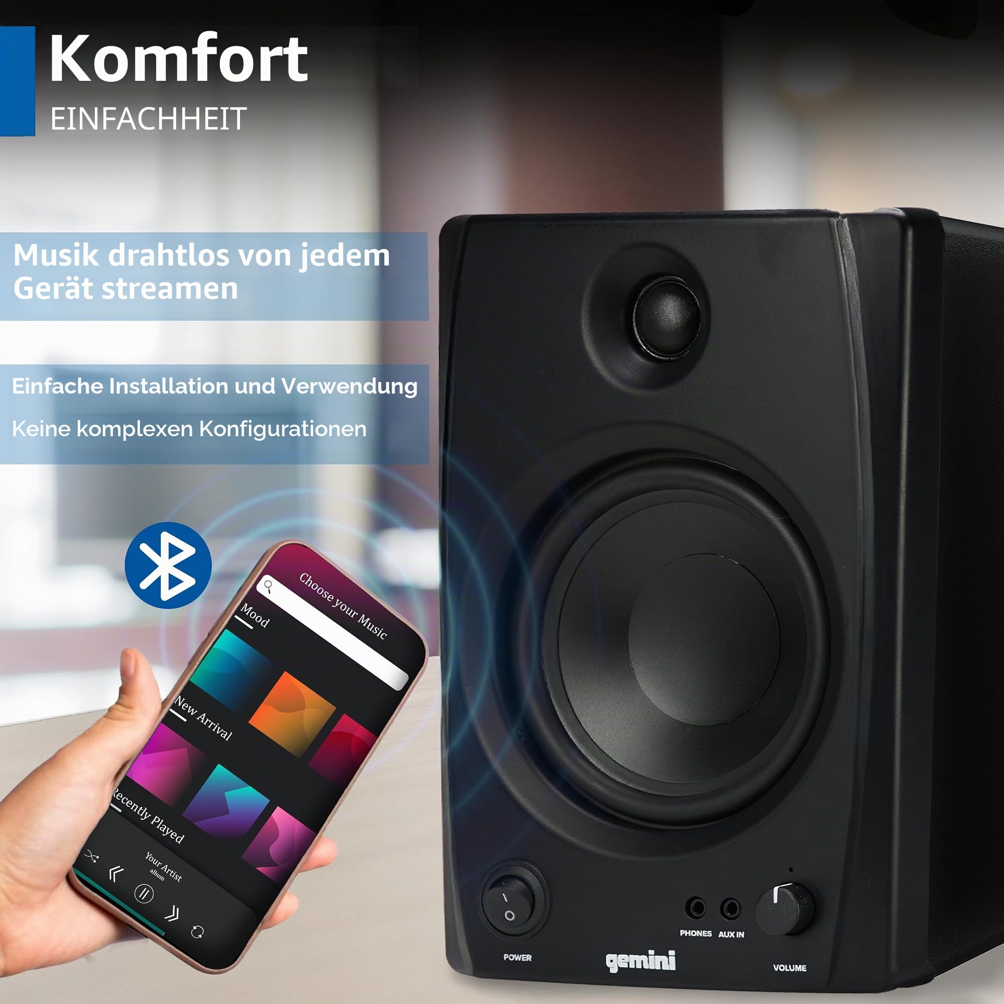Gemini Sound SMX-5BT – 5”-Studio-Monitor mit Bluetooth – 200W Spitzenleistung, TRS/RCA/AUX-Eingänge, Akustik-Tuning, Aktiv/Passiv-Paar für Heimstudios, DJs und Musikproduktionen