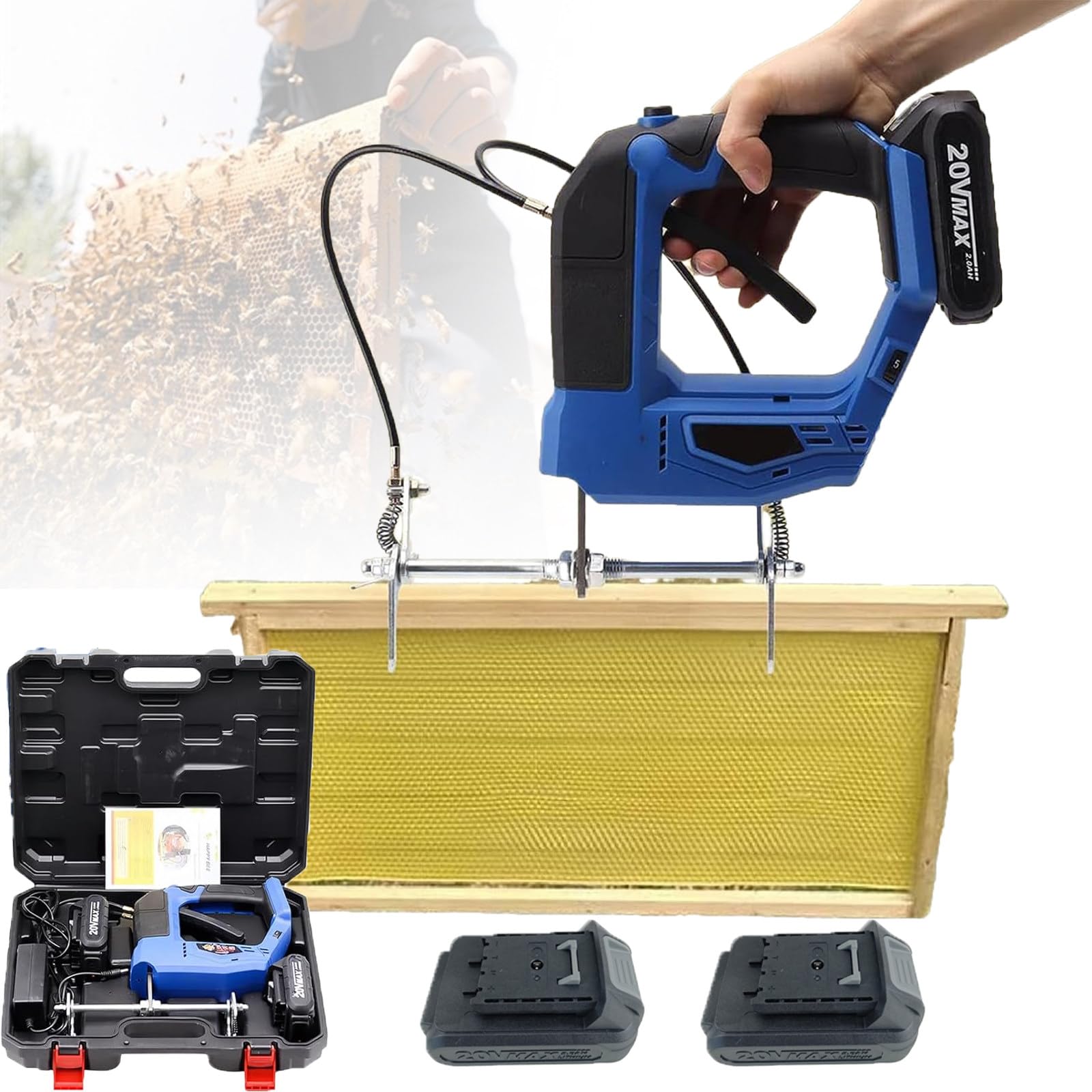 Atwynd Electric Bee Shaker-4 Adjustable Speeds, Handheld Beehive Frame Shaking Machine with 2000mAh Lithium Batteries, Electric Bee Remover for Farms, Apiaries, Beekeeping Bases Blue-2batteries