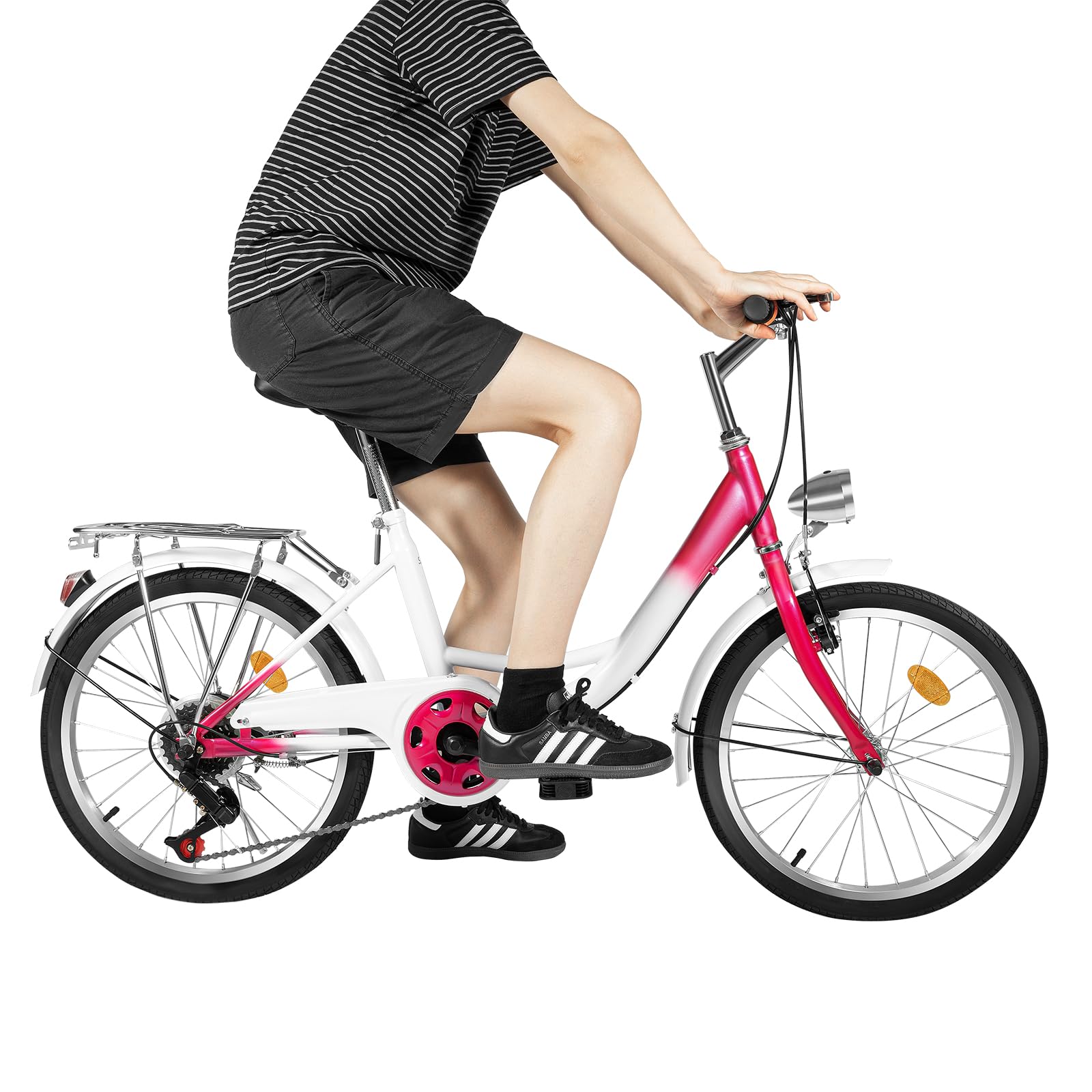 Mountain Bike Giovane 20 Pollici 6 Marce - Telaio In Acciaio Al Carbonio, Freni V-brake E Tamburo, Con Luce E Parafango, Portata 90kg, Per Ragazzi E Ragazze, Rosa/bianco