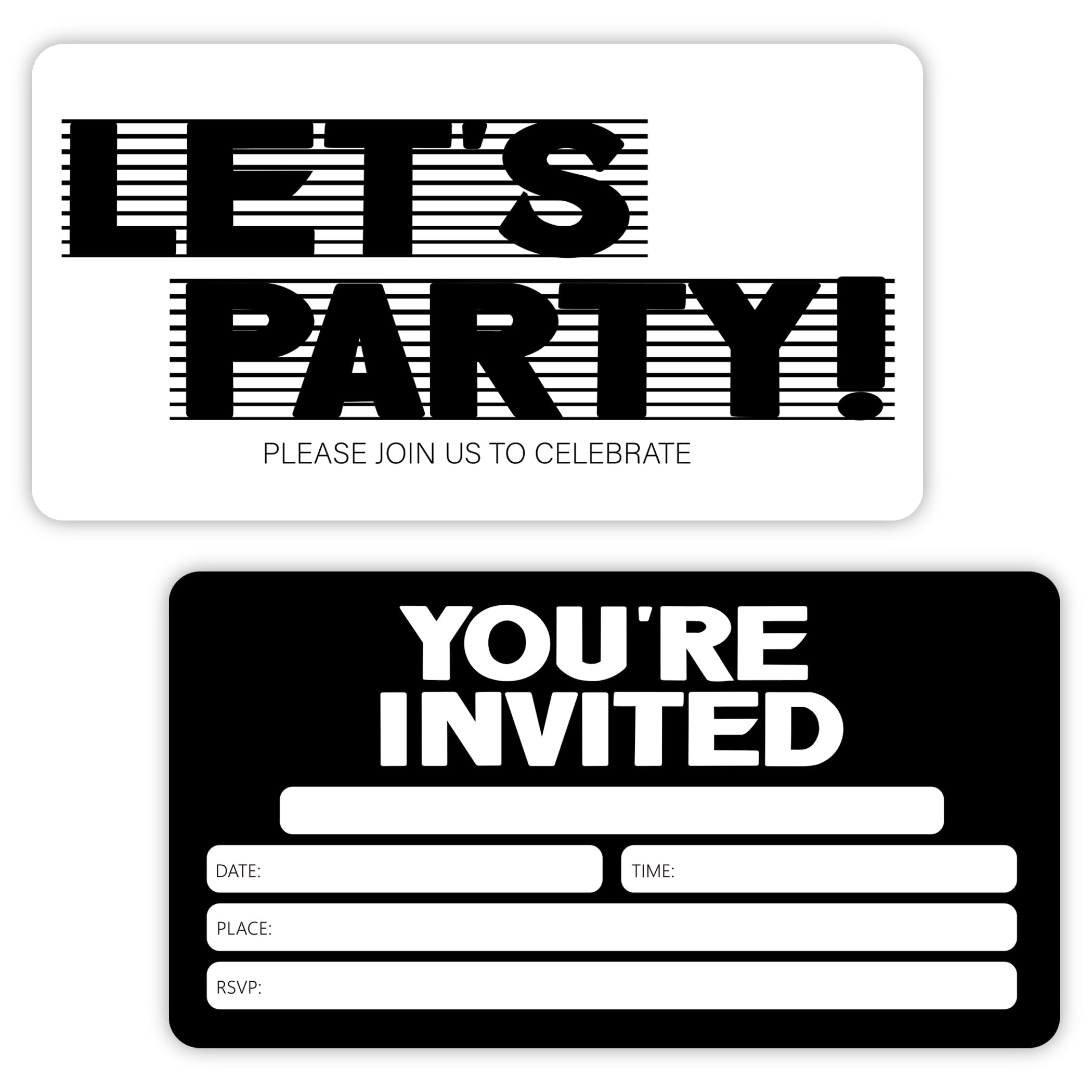 Let's Party Invitation Cards, Modern Black and White Birthday Invitations, 30 Cards with 30 Envelopes
