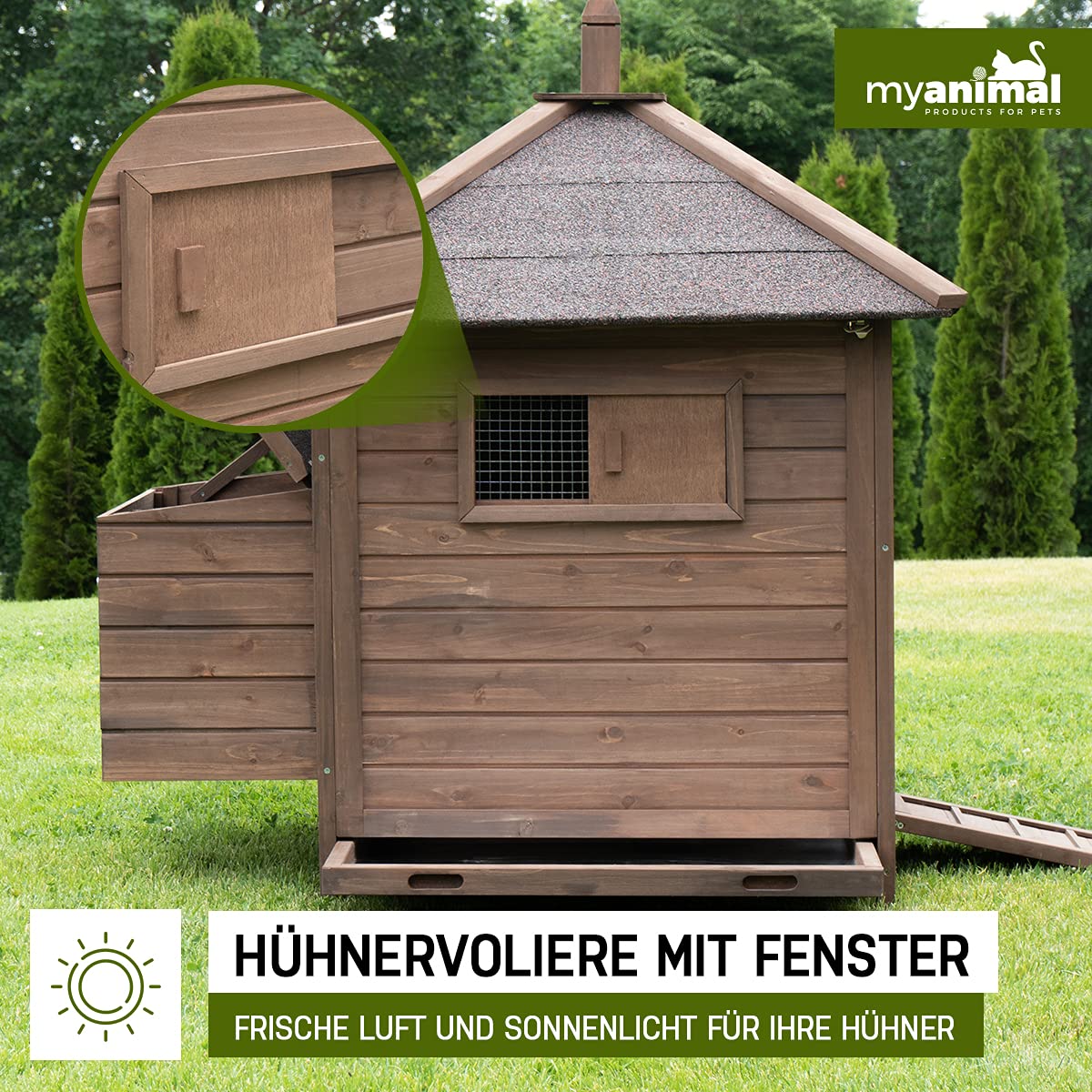 Miweba MyAnimal Poulailler MH-11 avec pondoir | pour 3 Poules - Nichoir séparé - 2 perchoirs - Résistant à l'hiver - Maison pour Poules - Bois de pin - Volière - Trappe (Marron foncé)