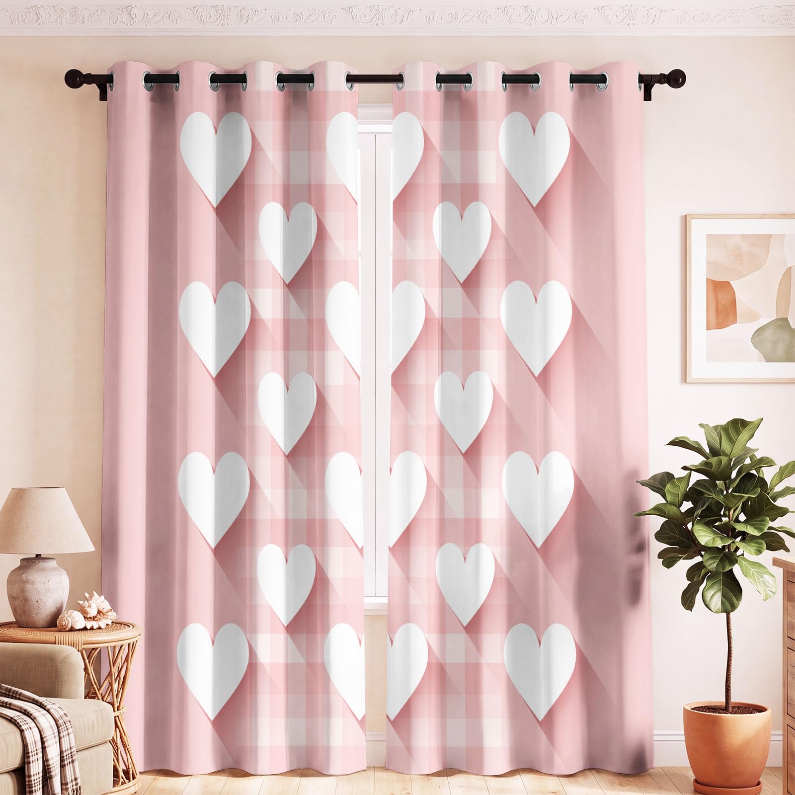 Tende oscuranti foderate con occhielli, isolamento termico 3D, romantiche, per camera da letto, soggiorno, finestra, cuore a quadretti, larghezza 117 x lunghezza 228 cm