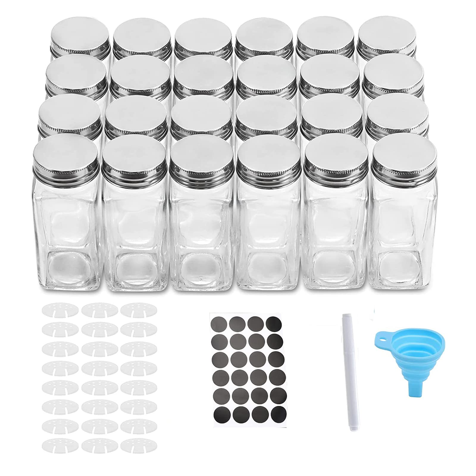 ArabestGlass Spice Jars, 24 Pcs 120ml Clear Spice Seasoning Containers with Spice Labels, Spice Bottles with Aluminum Caps, 1 Pen, 48 Black Labels and 1 Foldable Silicone Funnel (sliver)