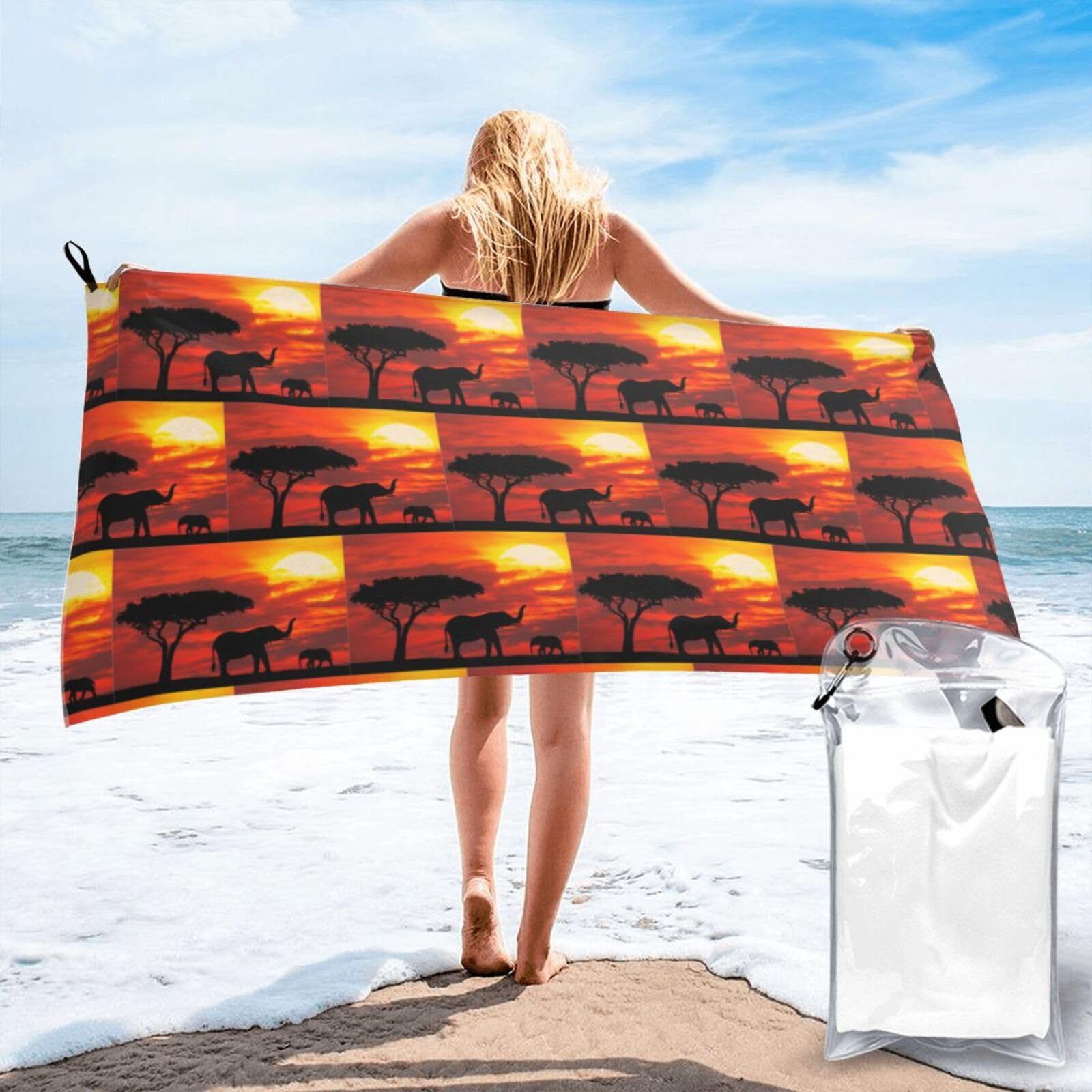 WYCZHY Elephant Sunset Print Beach Towel Soft Quick Dry For Spa Pool Gym Vacation Travelers Women Men Adults Sauna Gift