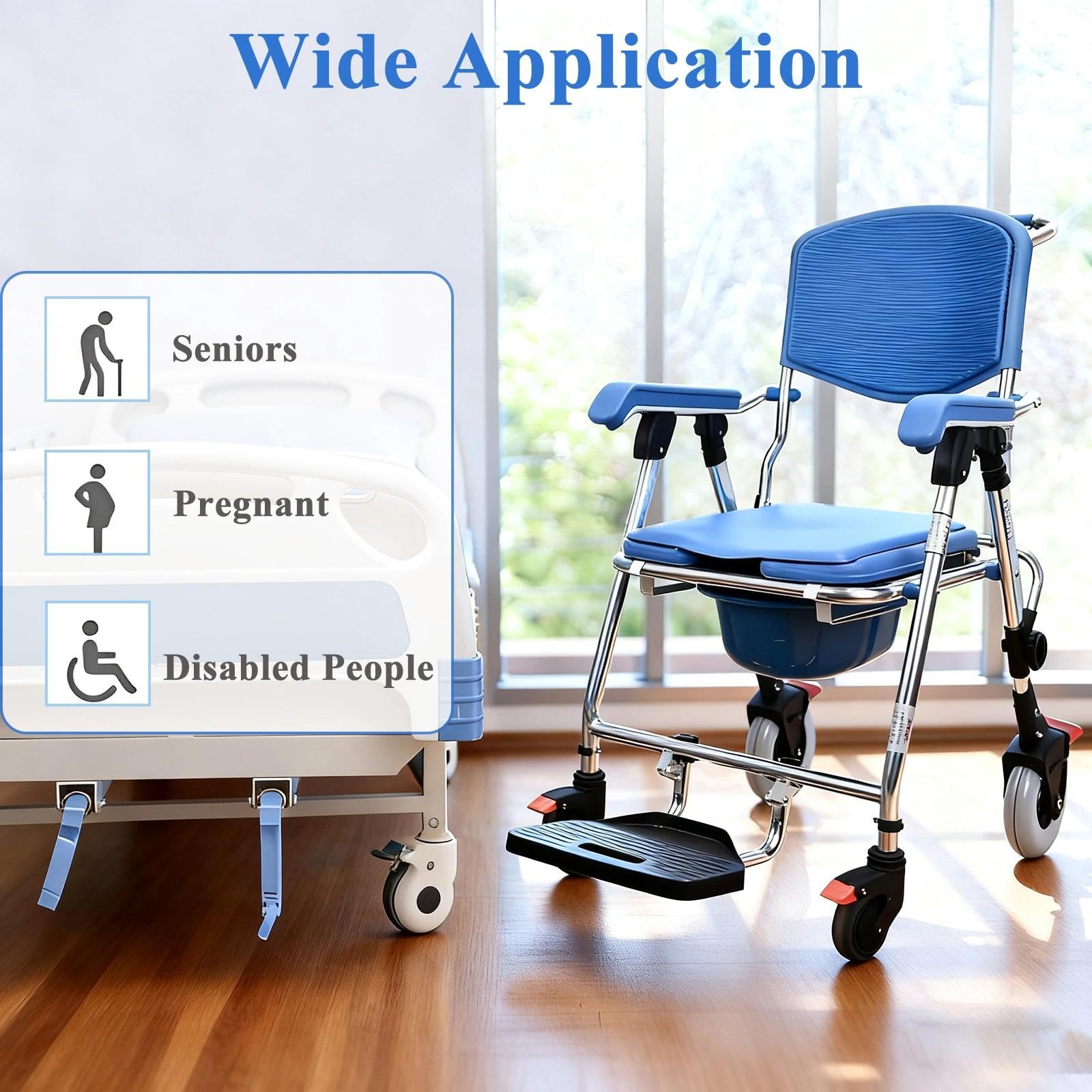 Silla Ducha con Ruedas para Personas Mayores, Azul Silla Ducha Plegable WC Portátil, 4 en 1 Silla con Inodoro Incorporado y 4 Ruedas de Bloqueo para Adultos, Capacidad de 150kg