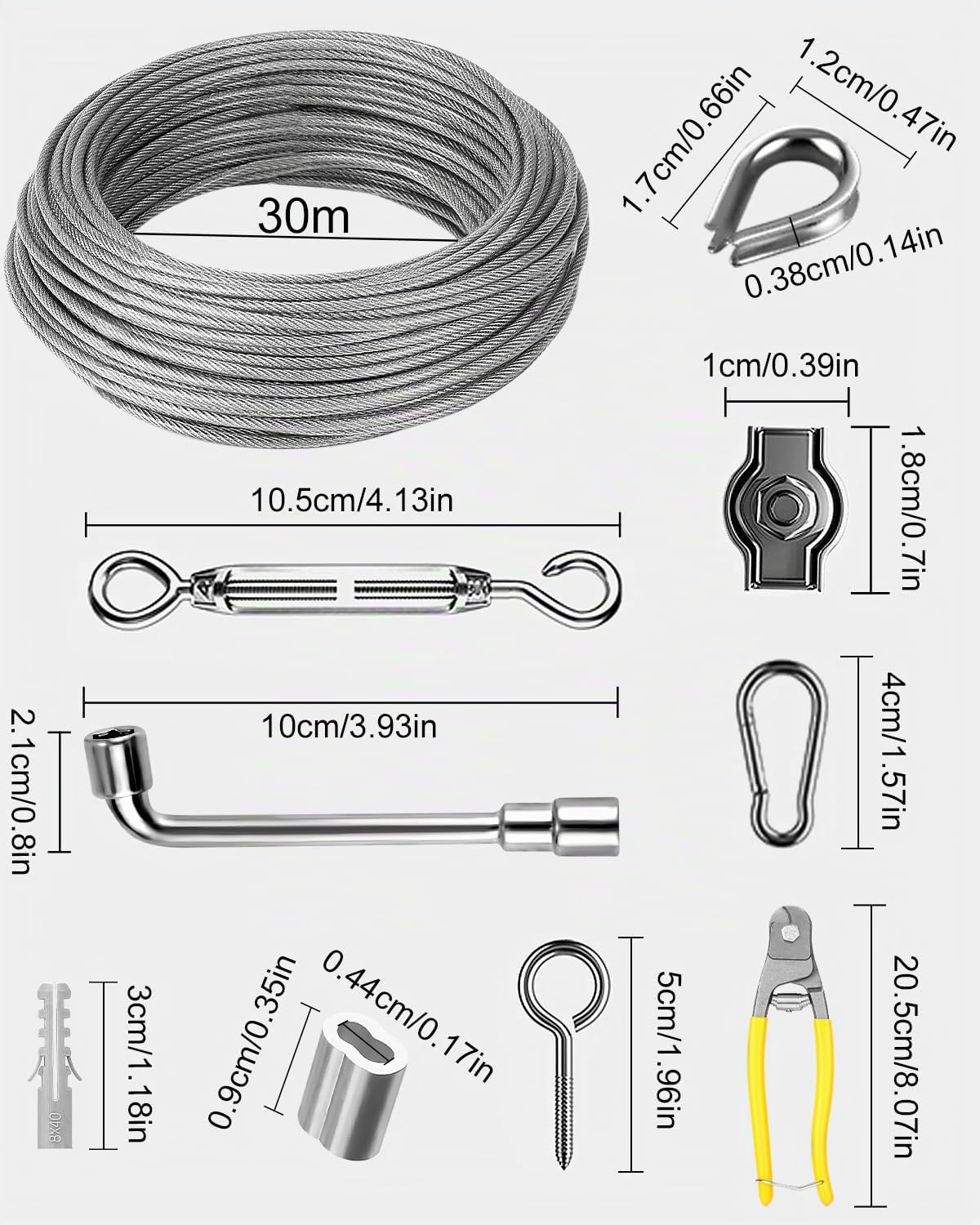 3mm 35m Cavo Acciaio, Fune in Filo Acciaio Inossidabile con Tenditori Tenditor, Cavo Corda in Acciaio Nylon per Arrampicata Delle Piante, Stendibiancheria, Recinzioni da Giardino, Lampadari da Esterno