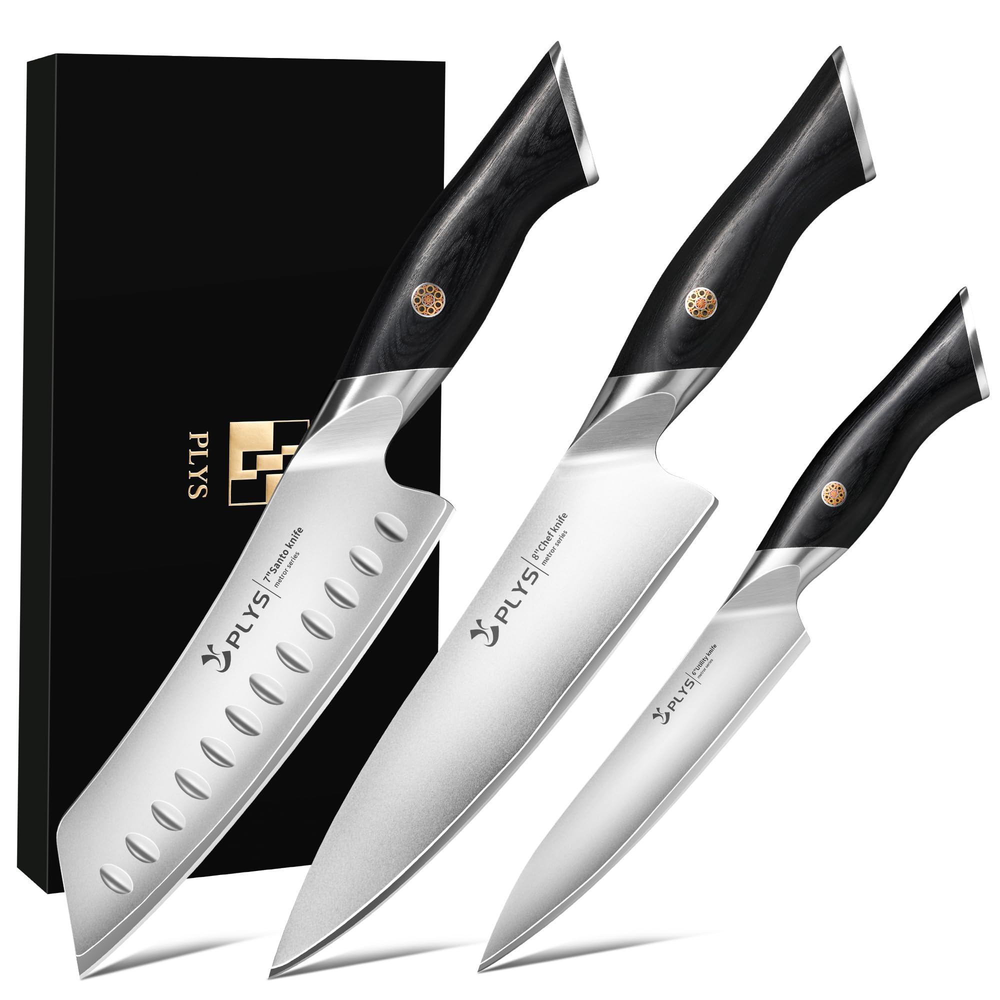 Plys Set di Coltelli da Cucina: 3 Pezzi, Acciaio Inossidabile 10cr15mov, Manico in Legno Pakka, Include Un Coltello da Chef, Un Coltello Santoku e Un Coltello Multiuso, Confezione Regalo