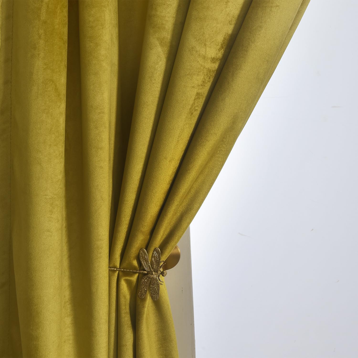 Yellow Bow Velvet Curtain Set, W52 x L84-inch | 2 Panels, Curtains with Bows, For Living Room/Bedroom