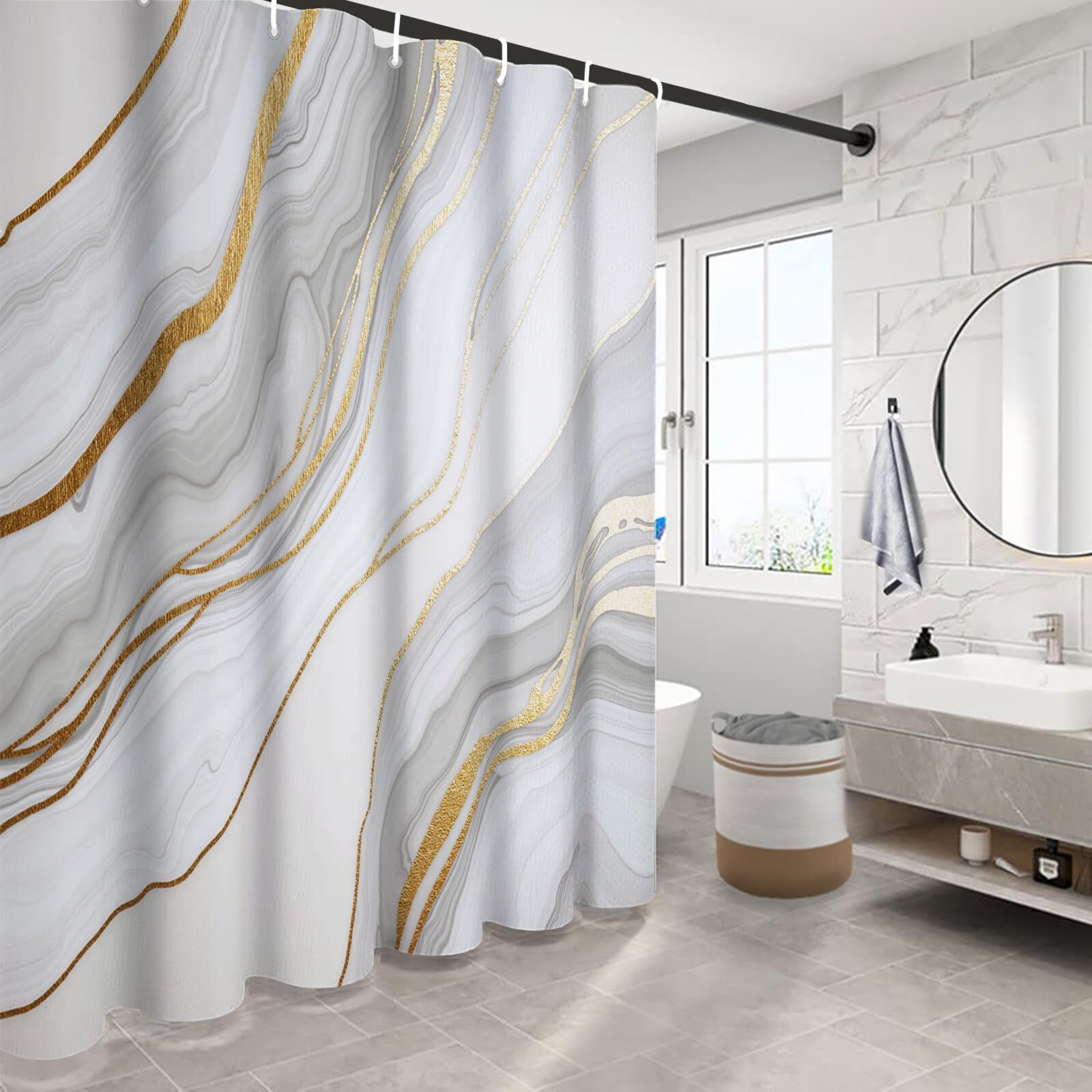 Rideau De Douche Marbre Texturé Luxe Abstrait Tissu Imperméable Lavable avec Crochets Anti Moisissure en Polyester Rideau Douche pour Salle De Bain