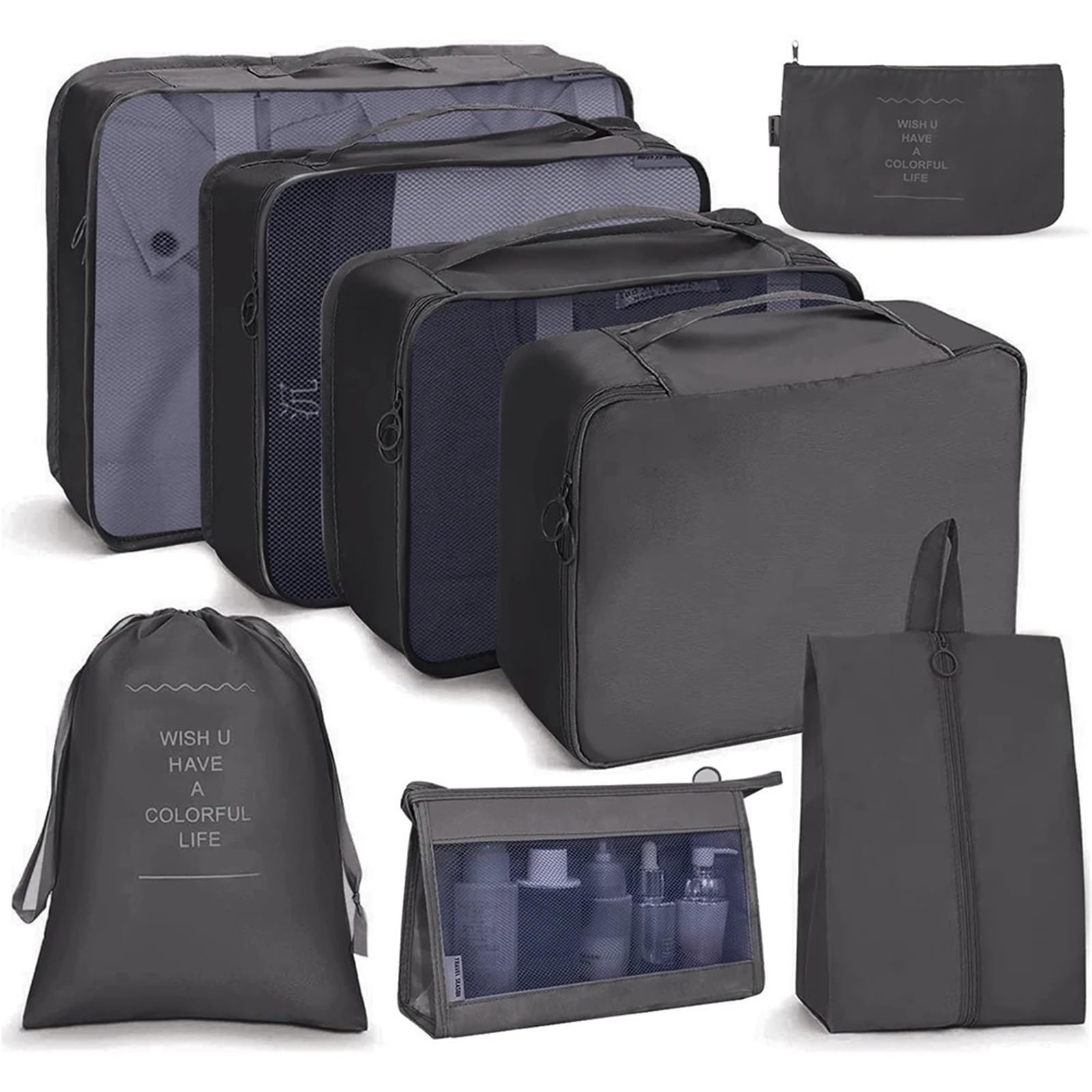 BHOUTY 8PCS Travel Luggage Organizers Set Waterproof Suitcase Organizer Bags Essentials Clothes Shoes Cosmetics Storage(Black)