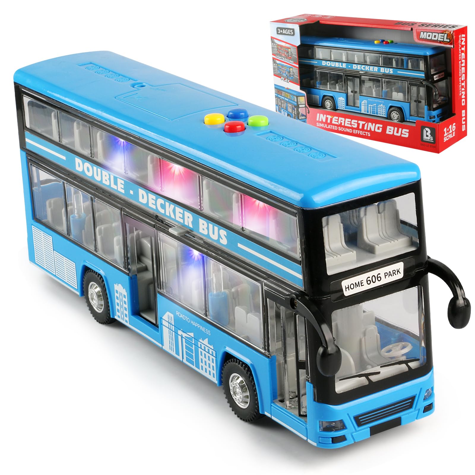 11"(28cm) Double Decker Bus Toy with Lights & Sounds, Scale(1:16) Friction Powered Bus Toy for Kids with Indoor Ceiling Lights and 4 Different Sounds - Gift for Kids Ages 3+ (Bule)