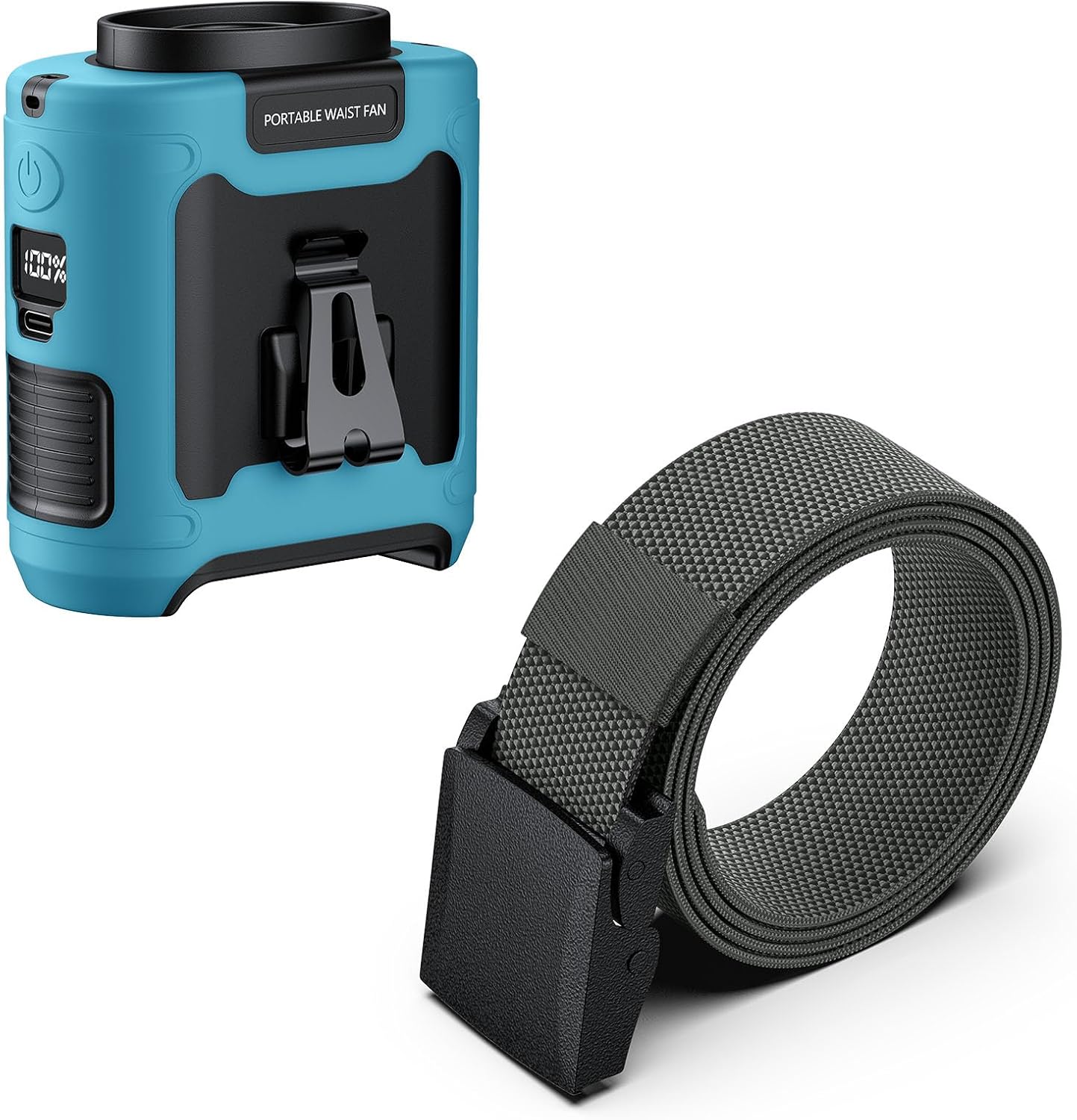 1 Pack Blue Portable Waist Fan and 1 Pack Grey Tactical Nylon Belt