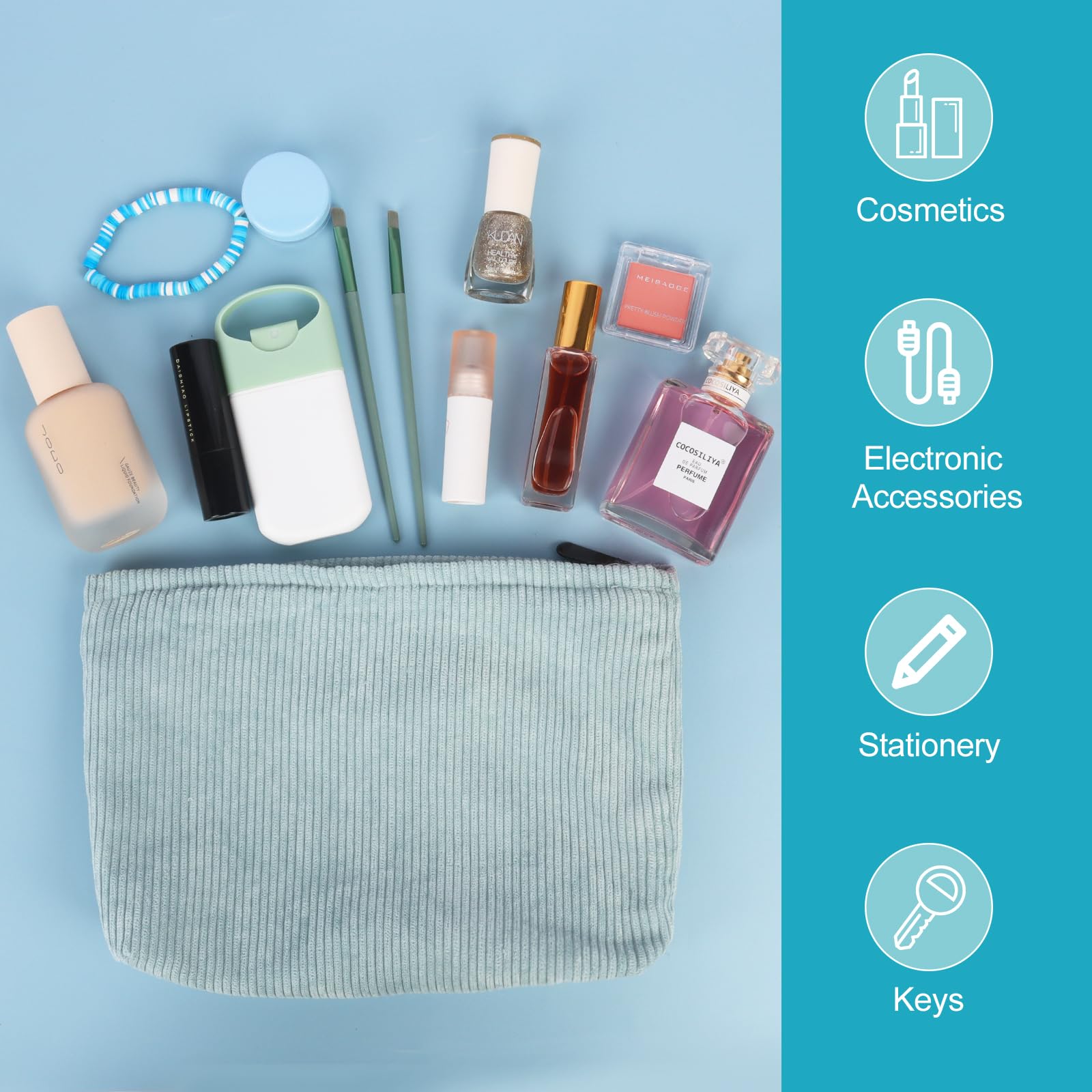 Small Make up Bags for Women - Blue Corduroy Makeup Bag Purse - Large Capacity Zipper Travel Cosmetic Bags for Toiletries - Image 4