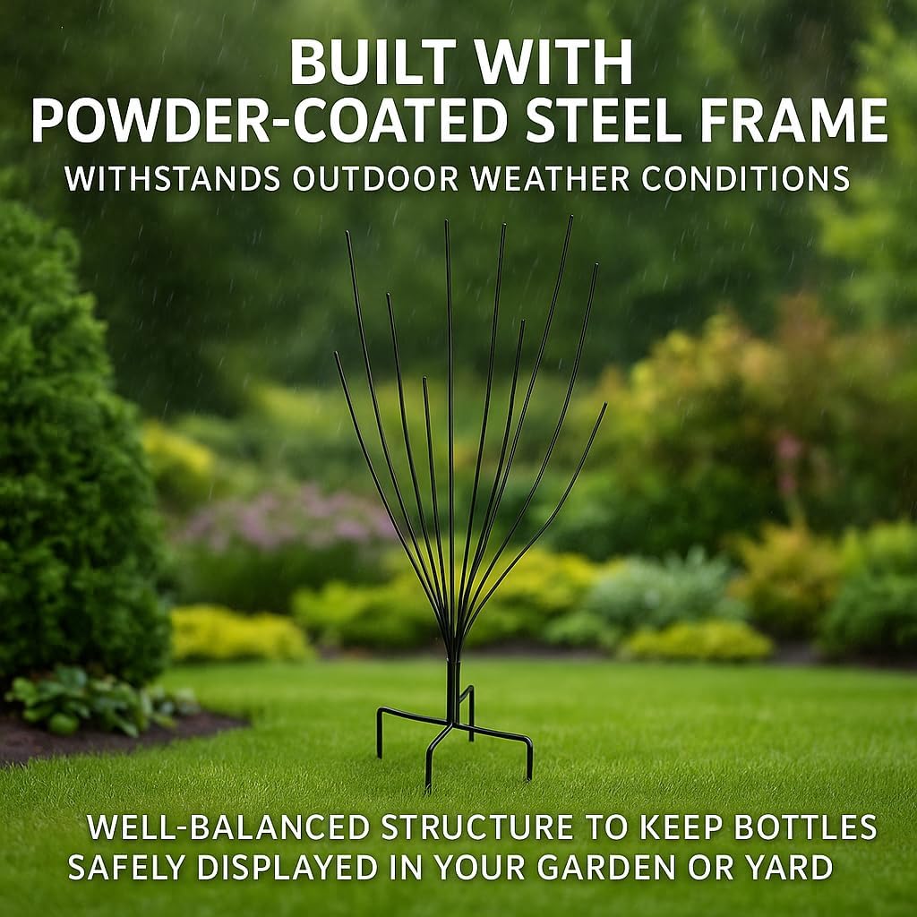 Outdoor Bottle Tree Garden Decor, Powder Coated Steel Wine Bottle Tree for Yard and Patio, Holds 12 Bottles, Weather Resistant