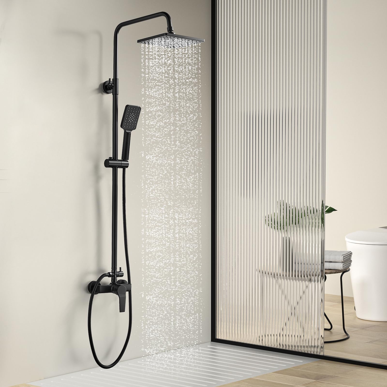 Columna Ducha con Grifo Negro, Altura Regulable 110-145cm, Conjunto Completo con Grifo Monomando, Sistema de Lluvia Cuadrada 21x21cm, Ducha de Mano de 3 Modos, Manguera 1.5 m