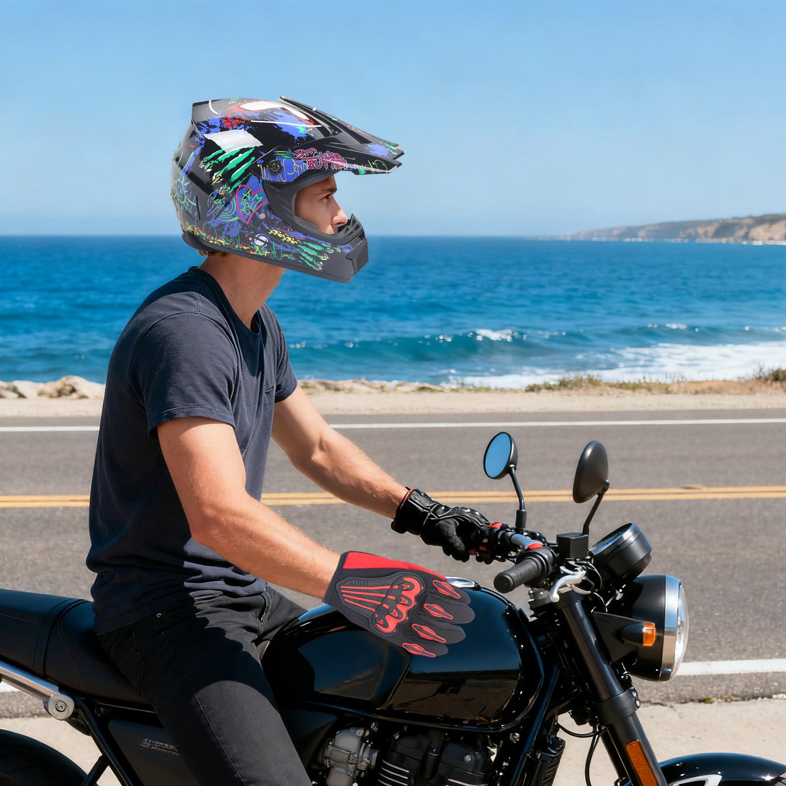 Kask motocrossowy z rękawicami i okularami