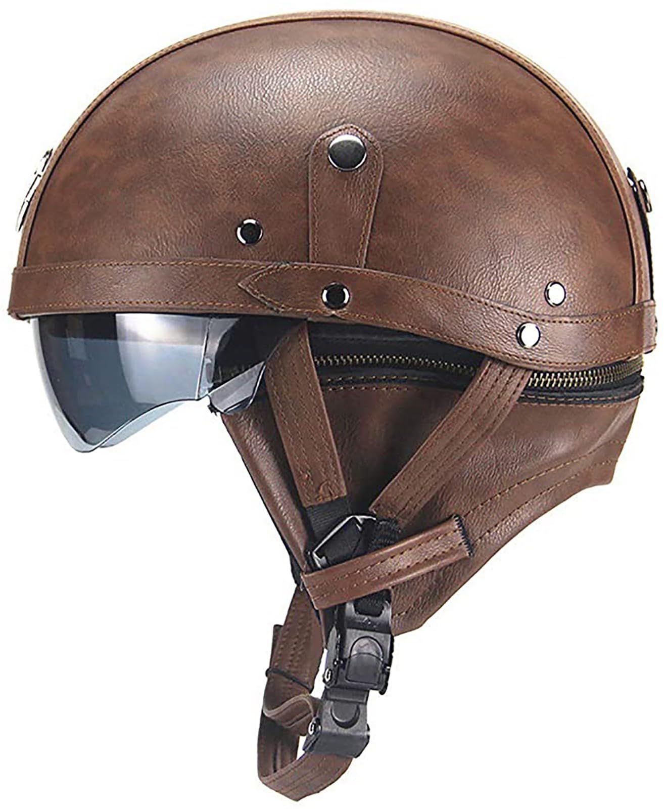 Deutsche Leder Motorrad Halbhelme Retro Halbschalenhelm Jet Helm Mit Visier Schnellverschluss Schnalle Für Cruiser Chopper Biker Moped DOT/ECE-Zulassung