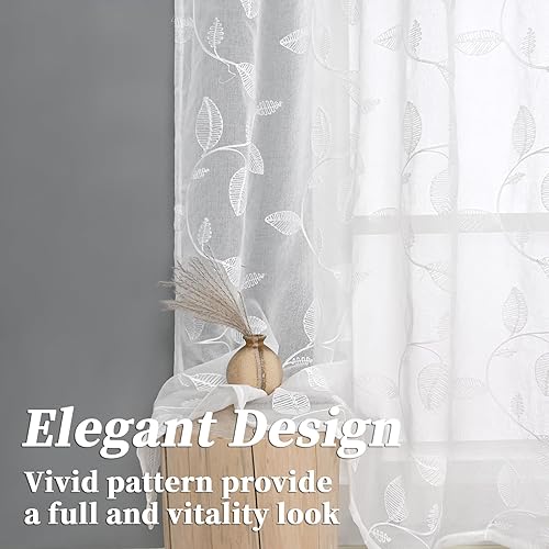 Miniatura 5 de YoungsTex Cortinas traslúcidas de lino con estampado de hojas de 63 pulgadas de largo para sala de estar, bolsillo para barra, cortinas de encaje