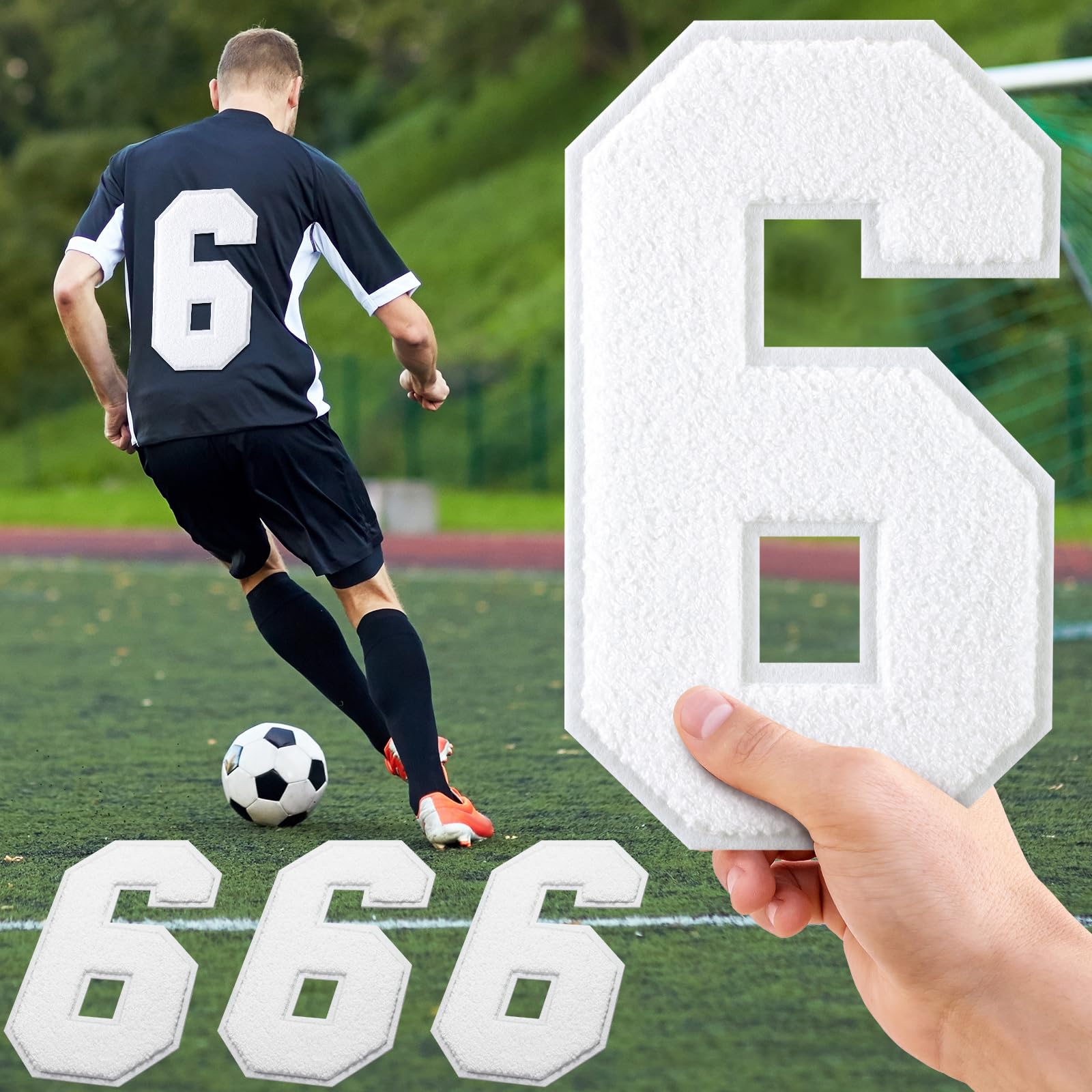 9 Inch White Chenille Numbers Patches 3 Pcs Self Adhesive Stick on Patches Large Size Embroidered for Jersey Clothing Jackets Bags Costume DIY Decoration(Number 6)