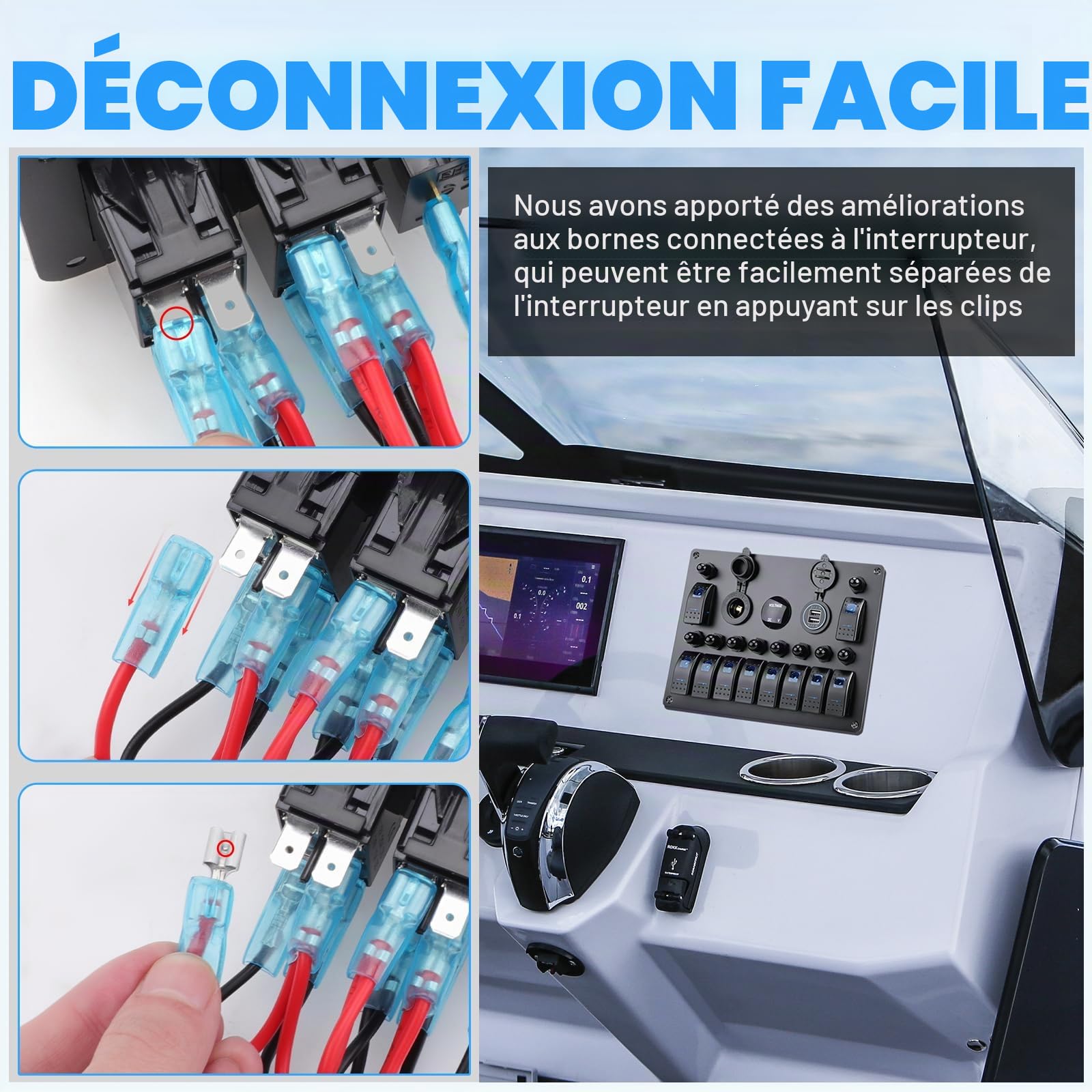 Geloo Panneau de Commutation à Bascule à 10 Gang 12 V 24 V Interrupteur à Bascule Étanche avec Disjoncteur Voltmètre Prise Allume-cigare Double Chargeur USB