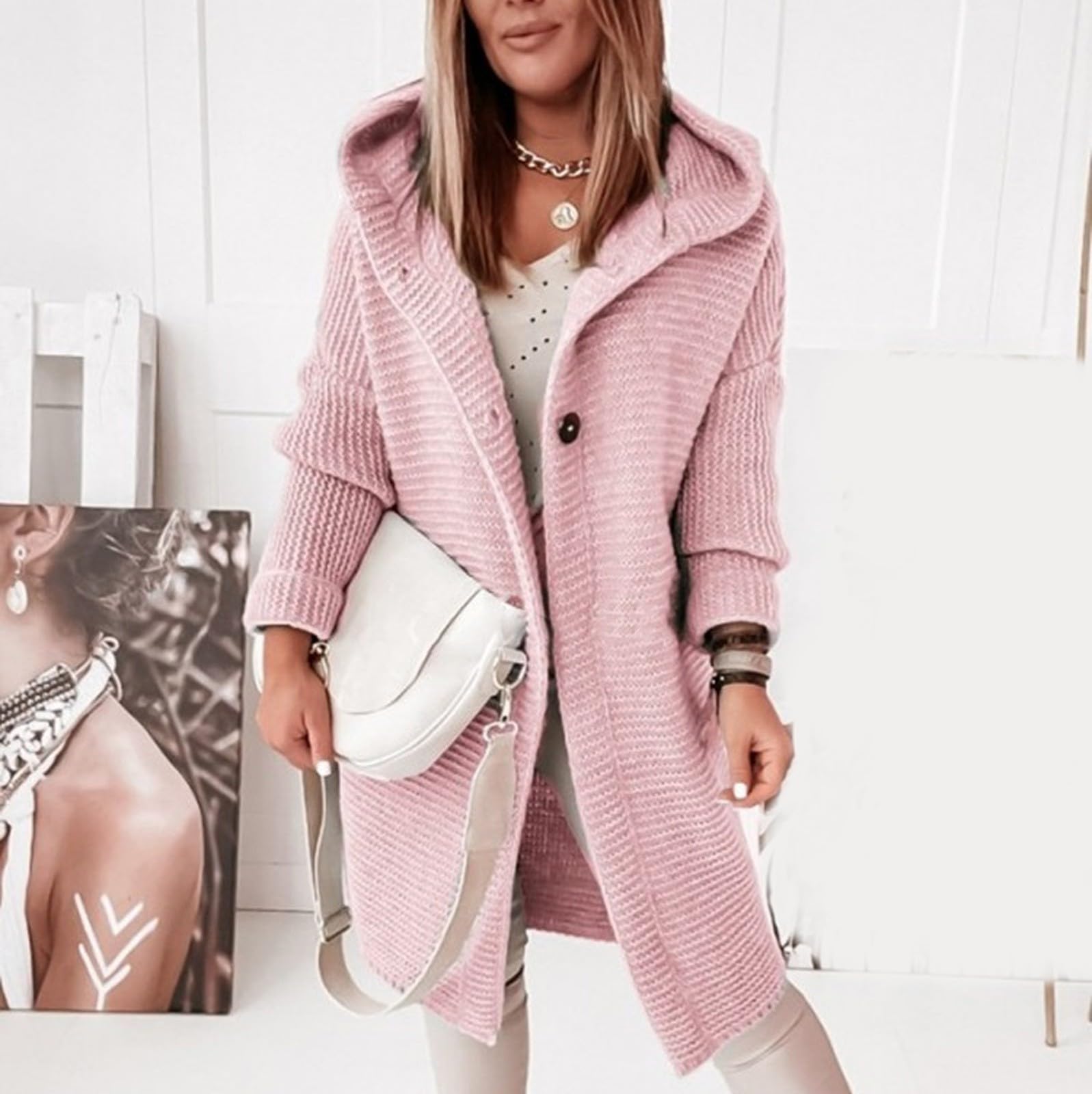 Strickjacke Damen Lang Mit Kapuze Pullover & Strickjacken Für Damen Winter Warme Strickmantel Damen Dicke Strickjacke Grobstrick Winterjacke Strick Cardigan Frauen Elegant Sweater Mit Knöpfen