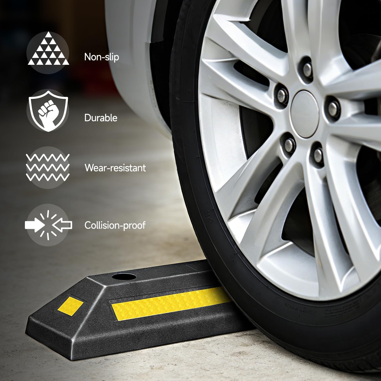 DNA Motoring Heavy Duty 2 Pack Garage Parking Aid, 21" Parking Stopper for Garage, Car Curb Floor Parking Lot Wheel Tire Stops Bumpers, w/Reflective Yellow Tape Curb, 21" L x 5.7" W x 3.14" H