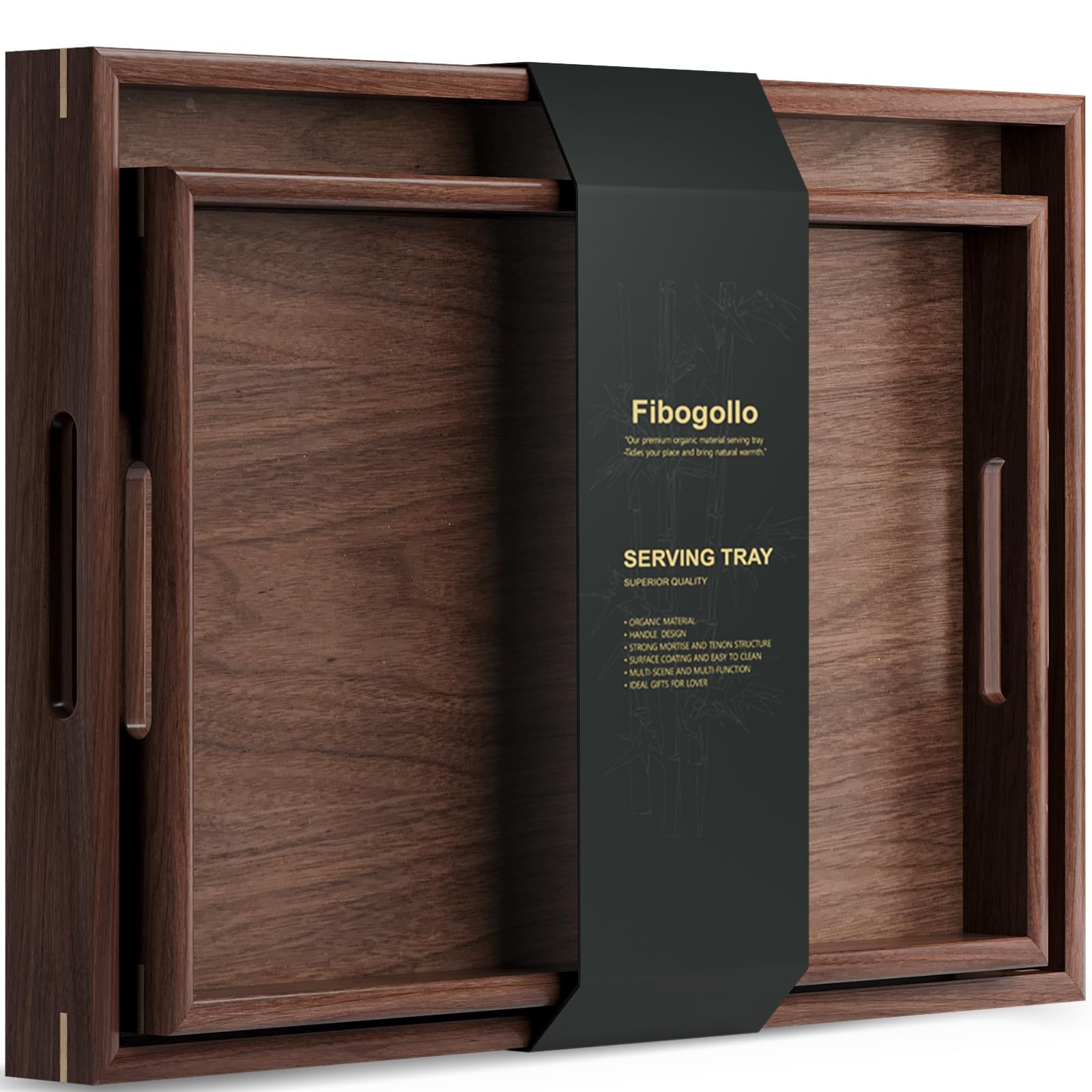 Fibogollo Set of 2 Walnut Wood Serving Tray with Handles,Decorative Trays Platter,Breakfast Tray in Bed,Large Coffee Table Tray，Food Drinks Trays for eating,Working,Storing
