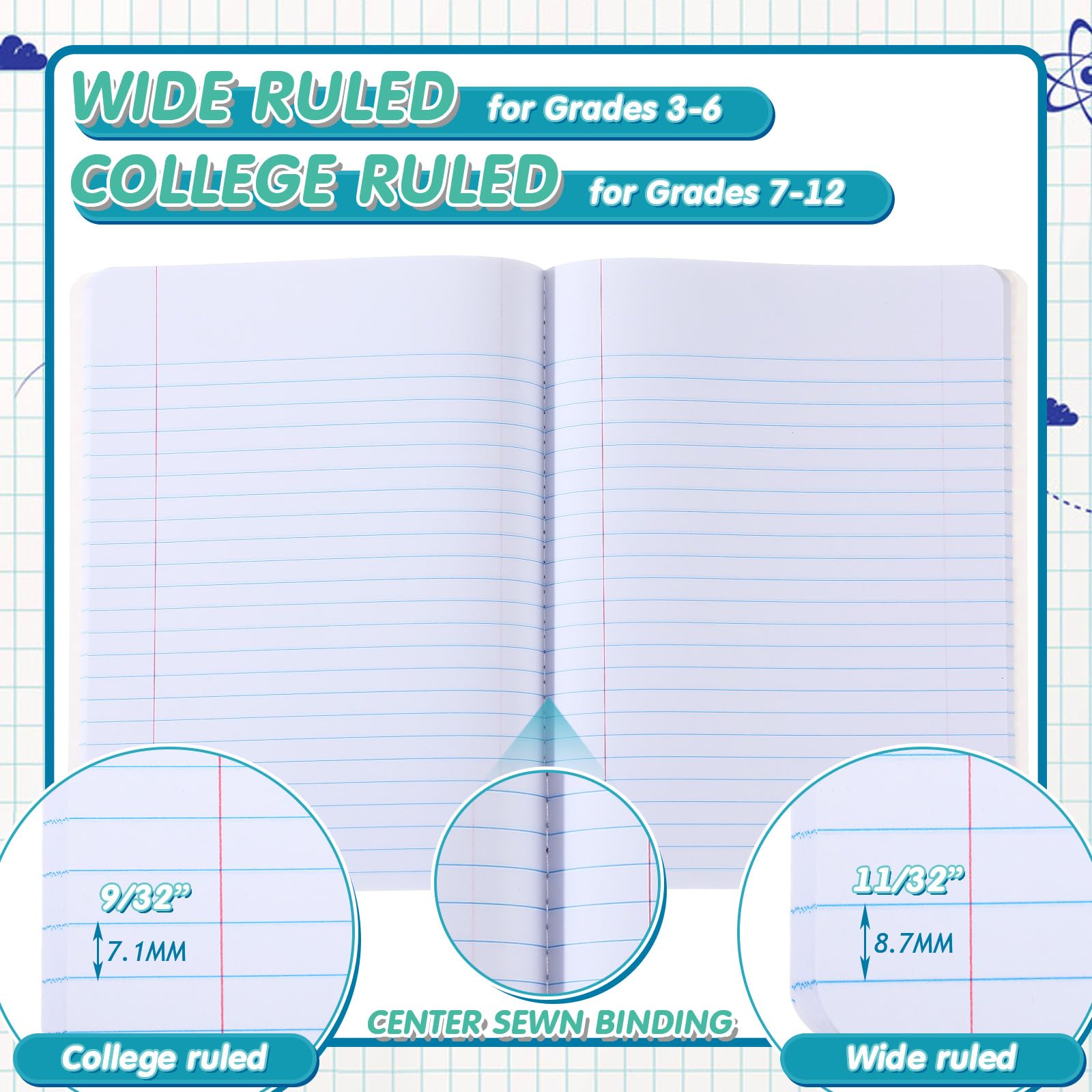 Fulmoon Kompositions-Notizbuch, College-Notizbuch, liniert, Hardcover, 30 Blatt/60 Seiten, für Schule, College, Tagebuch, Schreibprogramme, Kunstrezepte, 26 x 18 cm, bunt, 48 Stück
