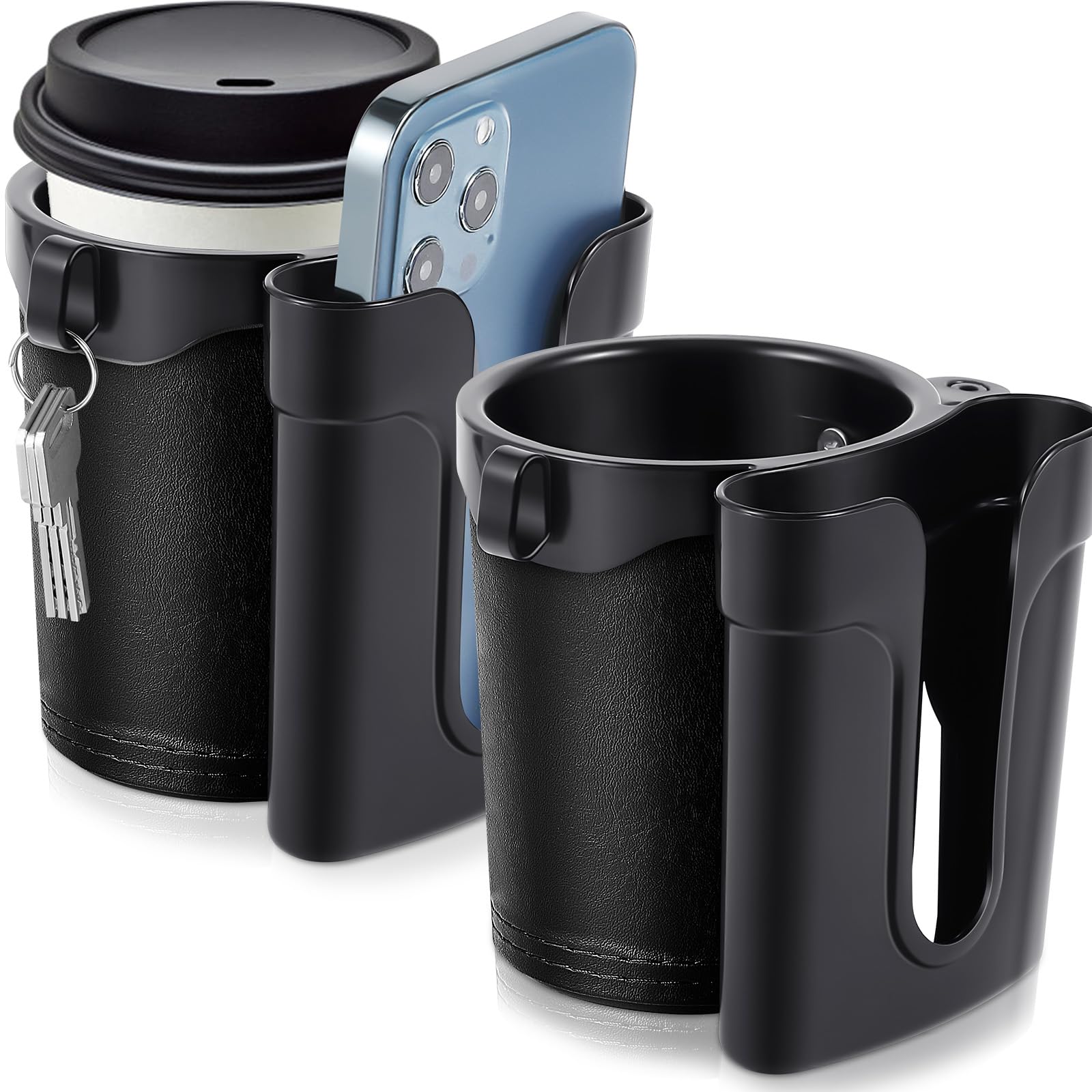 Neer 2 Pcs 3-in-1 Bike Cup Holder with Cell Phone Keys Holder, Bike Water Bottle Holders for Bicycles Wheelchair Stroller Motorcycle Scooters Beach