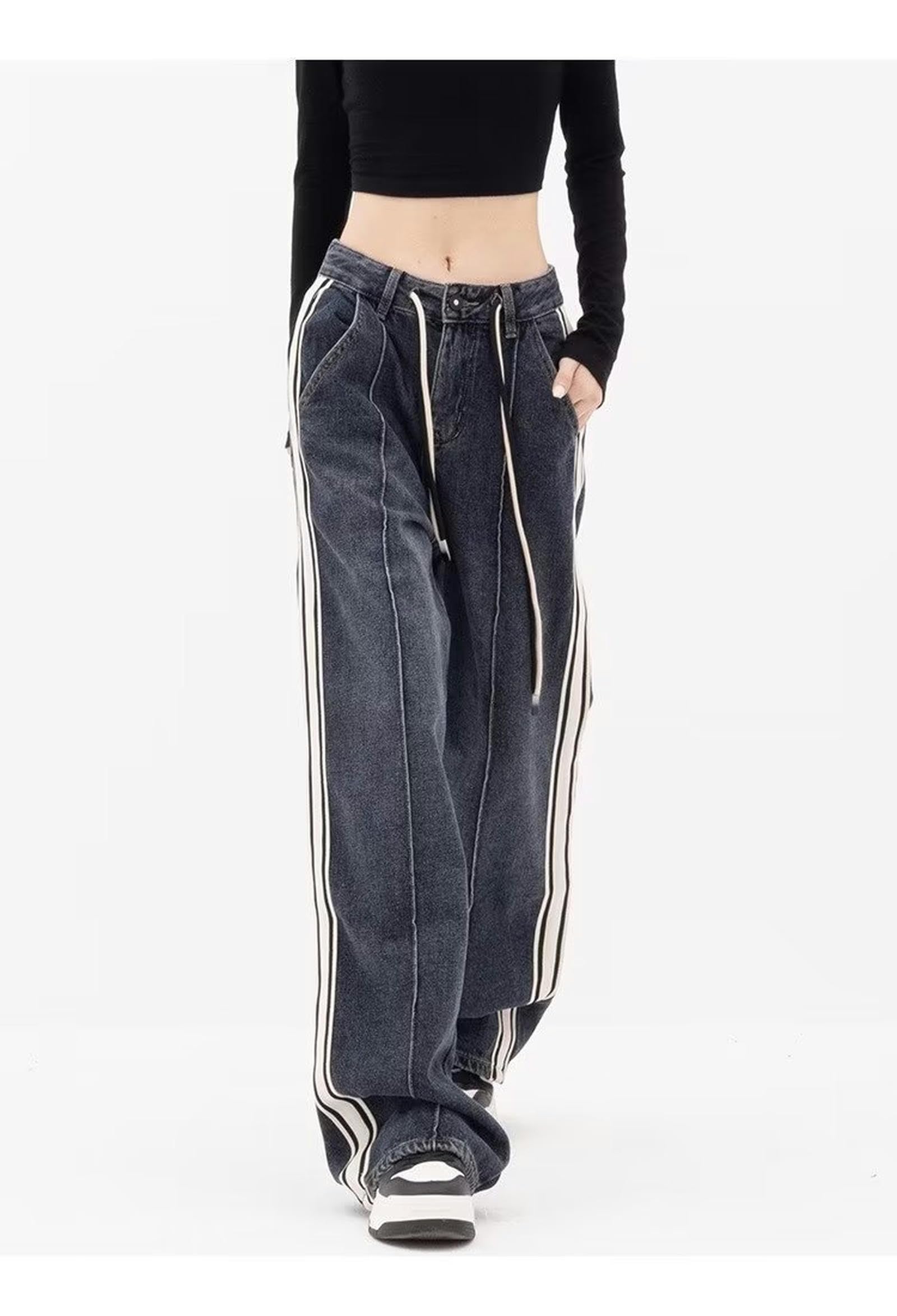 Vaqueros Retro Rectos con cordón de Talla Grande para Mujer en Primavera y Verano para Pantalones Anchos de Pierna Ancha a Rayas, Rectos, Sueltos, Lavados Oscuros, de mm gordos-Azul Gris-M