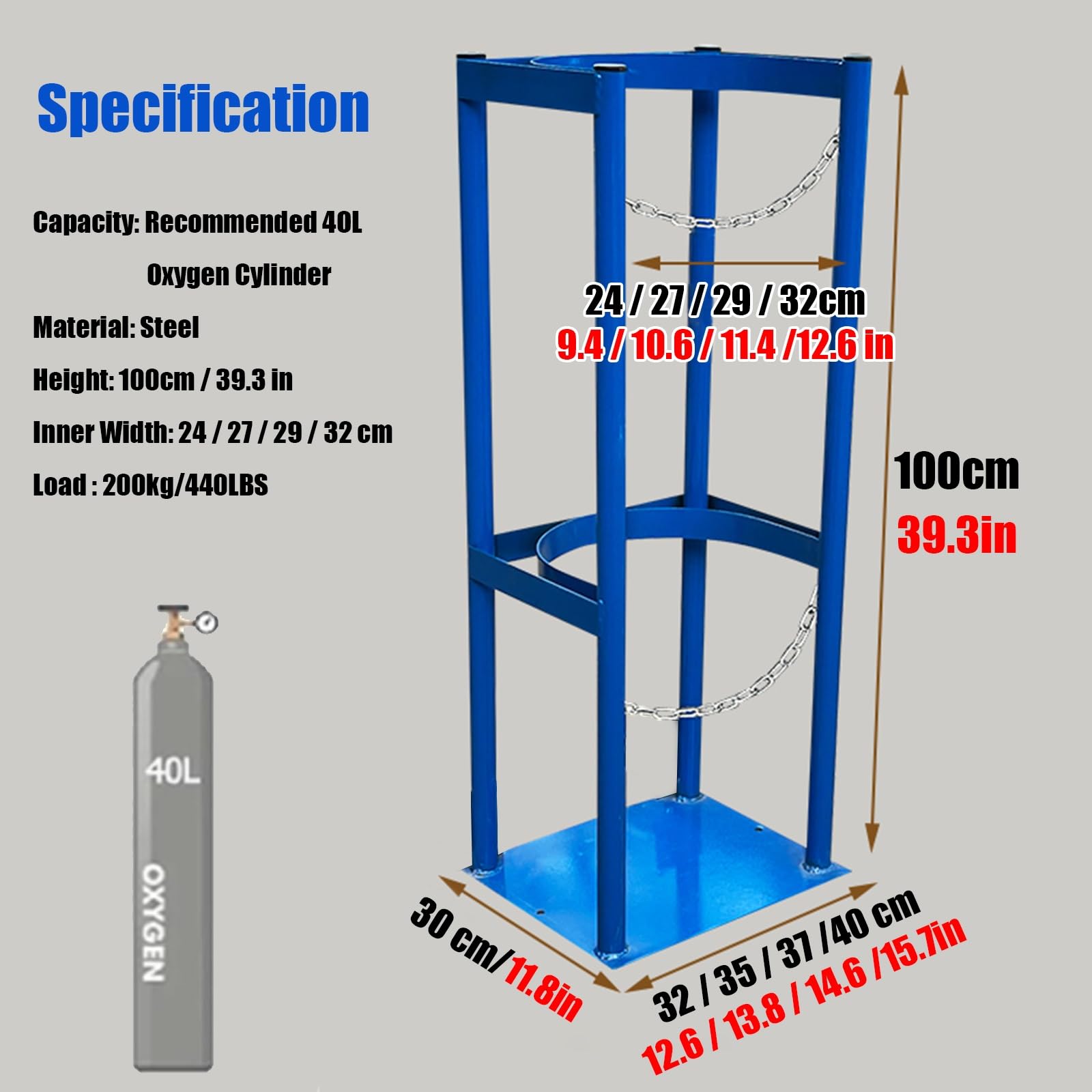 Generico Supporto per bombola di Ossigeno Resistente con Catena di Sicurezza Regolabile, Staffa per Montaggio a Pavimento per bombole di Gas per Uso Domestico, Medico e Industriale - Trasporto Sicuro