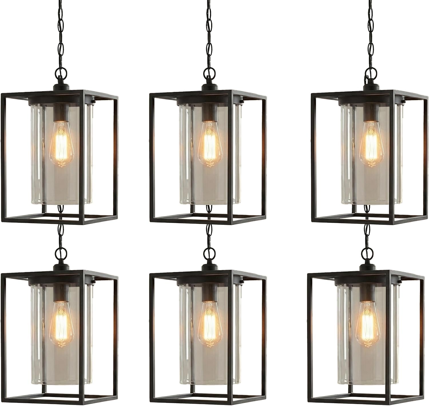 Maxax 6-Pack Industrial Pendant Lights, Black Farmhouse Hanging Ceiling Fixtures, Modern Metal Cage Lantern Chandeliers with Glass Shade, Bulk Set for Hallway, Entryway, Corridor & Foyer
