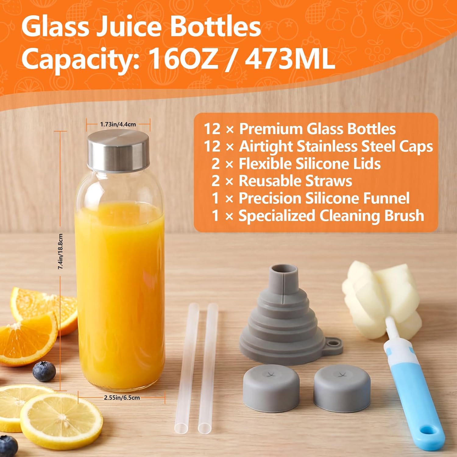 16 oz Glass Water Bottles with Lid & Straw, 12 Pack Reusable Glass Juice Bottles with Stainless Steel Caps & Funnel, Leak-Proof Clear Drinking Containers for Juicing, Milk, Smoothies, BPA-Free