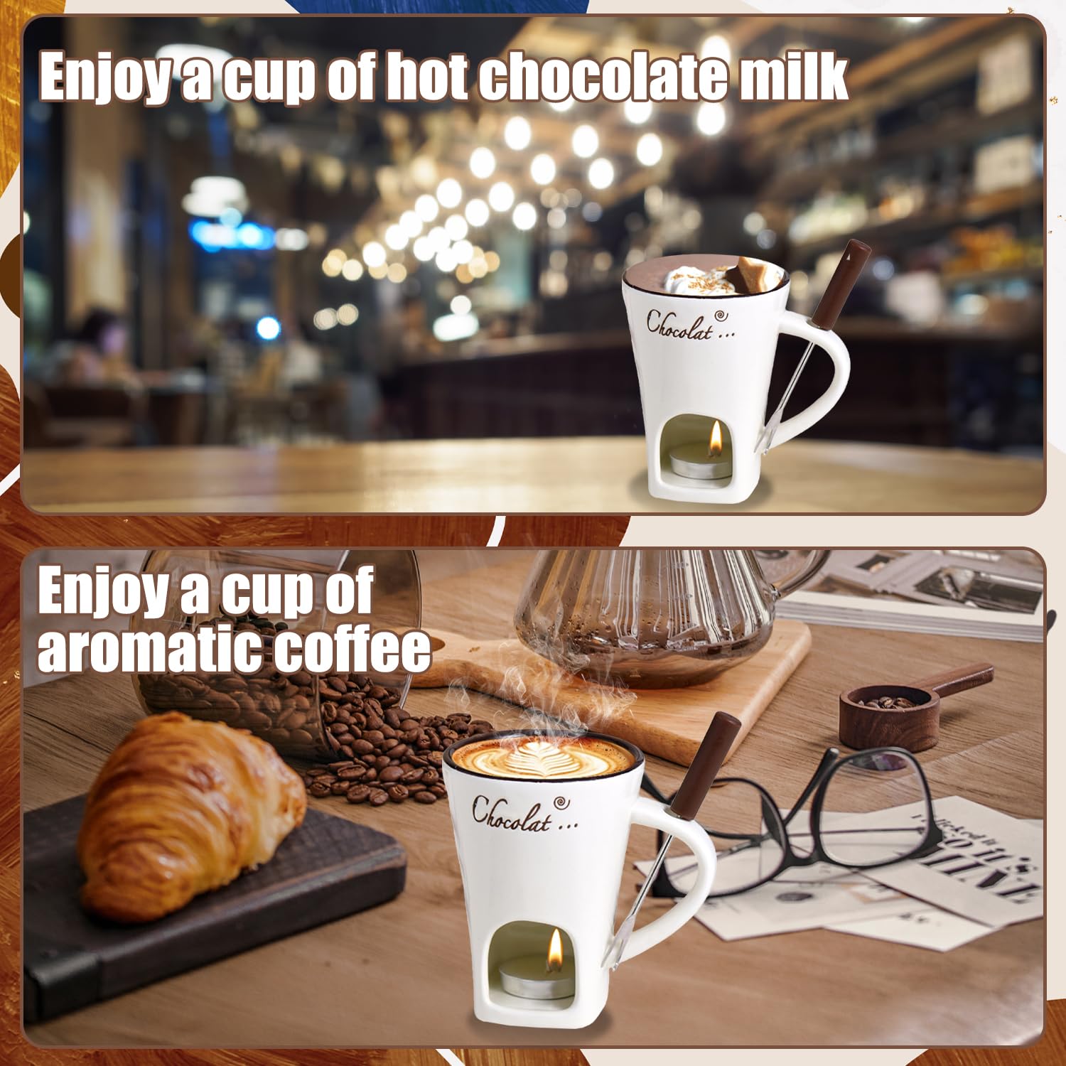 Taza de Fusión de Chocolate, 130 ML Juego de Fondue de Chocolate, Taza de Cerámica para Derretir Chocolate con Tenedores y Vela de Té, Taza de Fusión de Queso, Tazas de Fondue de Chocolate para Queso