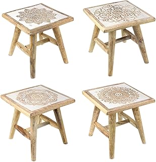 Carousel Home and Gifts Taburete de madera de mango tallada a mano, estilo rústico, color blanco, lavado rústico, Shabby Chic, diseño variable.