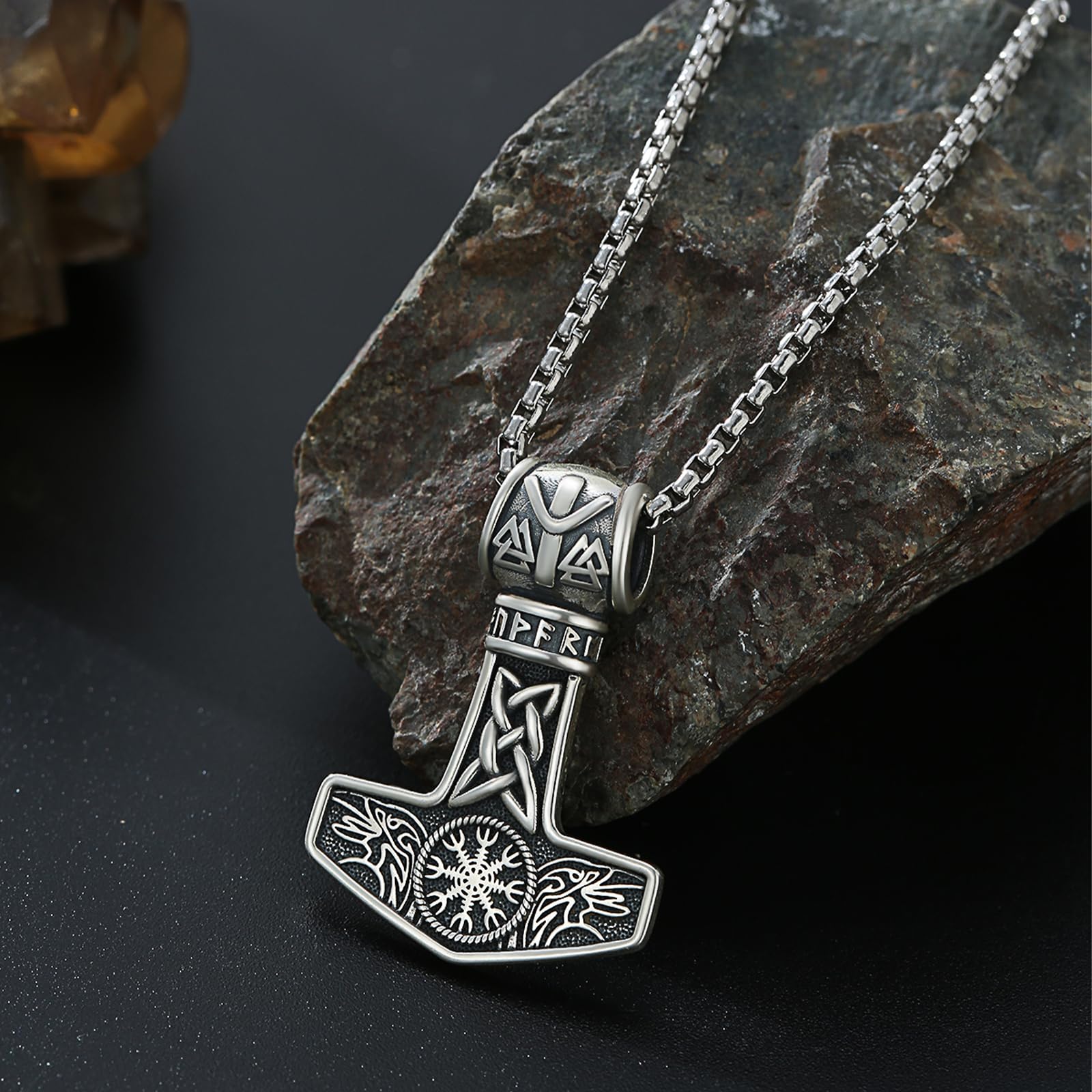 Thors Hammer Halskette 925 Sterling Silber Mjölnir Kette Thor Hammer Anhänger mit Krähen Vegvisir Amulett Schmuck für Männer Unisex, Sterling Silber