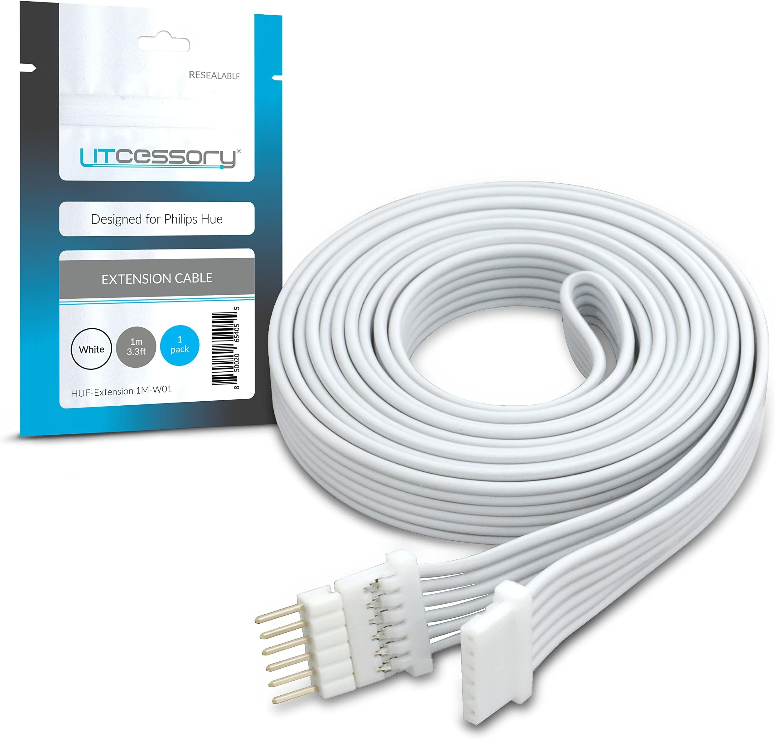 Litcessory Extension Cable for Philips Hue Lightstrip Plus (1m, 1 Pack, White - MICRO 6-PIN V4)