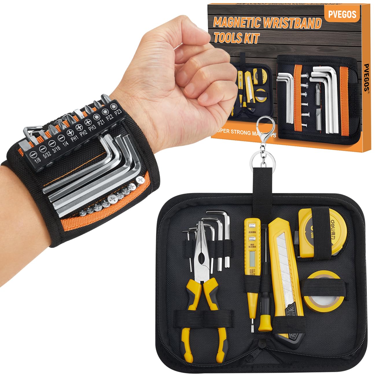 PVEGOS Gifts for Men Super Strong Magnetic Wristbands with Tools Bag