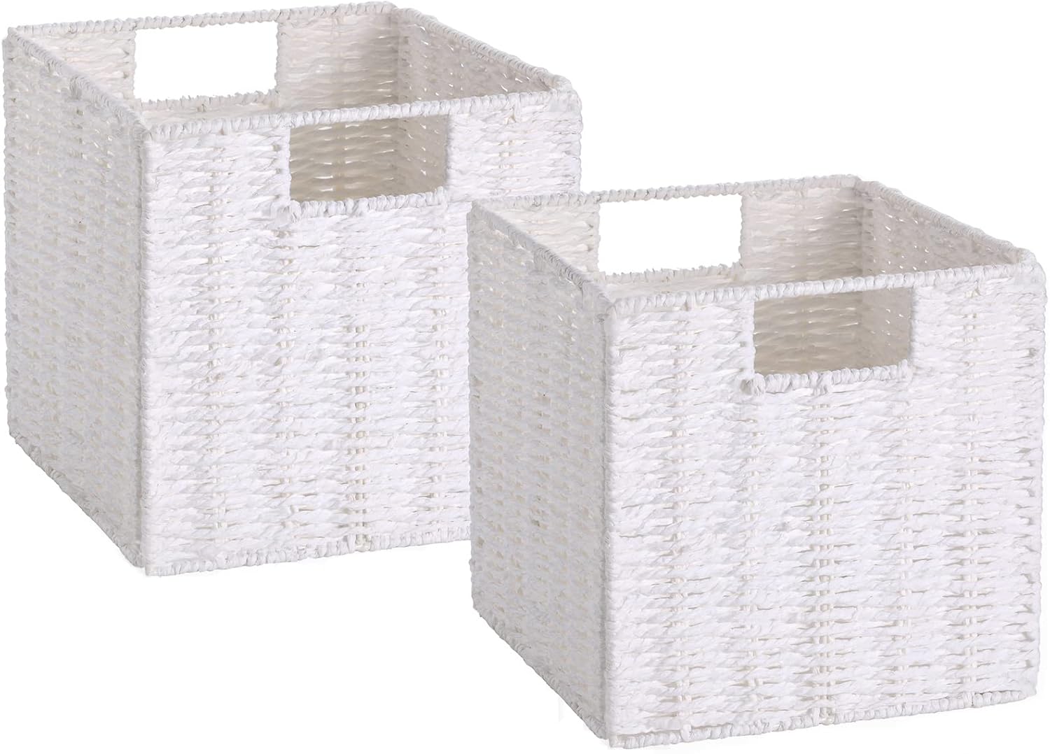 Vagusicc Wicker Storage Basket, Set of 2 Hand-Woven Storage Baskets for Organizing, Foldable Cube Storage Bins, 11 Inch Wicker Storage Baskets for Shelves and Decor, Square Closet Organizer, White White 11'' x 11'' x 11''