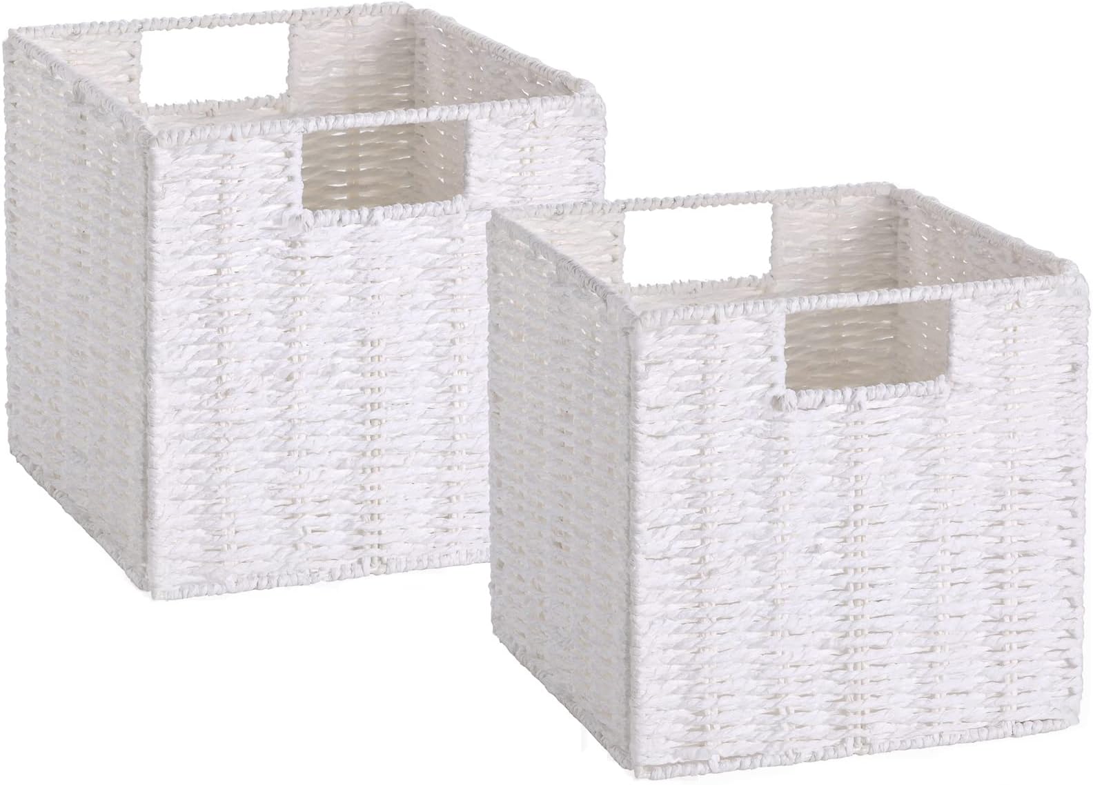 Wicker Storage Basket, Set of 2 Hand-Woven Storage Baskets for Organizing, White Foldable Cube Storage Bins Organizer, 9 x 9 Inch Square Wicker Storage Baskets for Shelves Pantry Decor