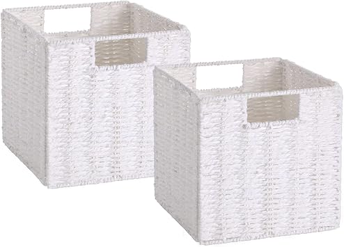 Vagusicc Wicker Storage Basket, Set of 2 Woven Storage Baskets, Foldable Cube Storage Bins, 11 Inch Square Wicker Storage Baskets for Shelves Organizing, White