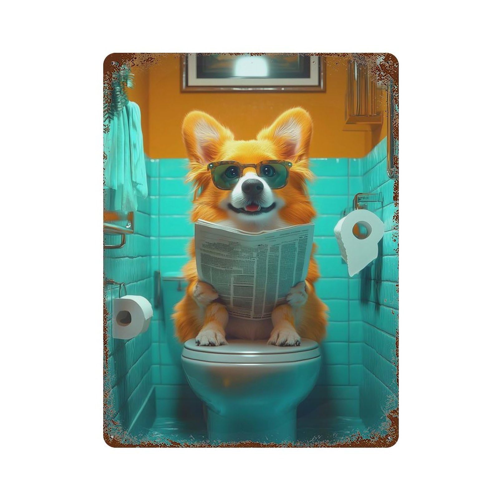 Rust Effect Corgi Reading on Toilet Aged Metal Wall Plaque 15.7"x11.8", Rustic Home Decor for Bistro, Counter And Cafe Decor