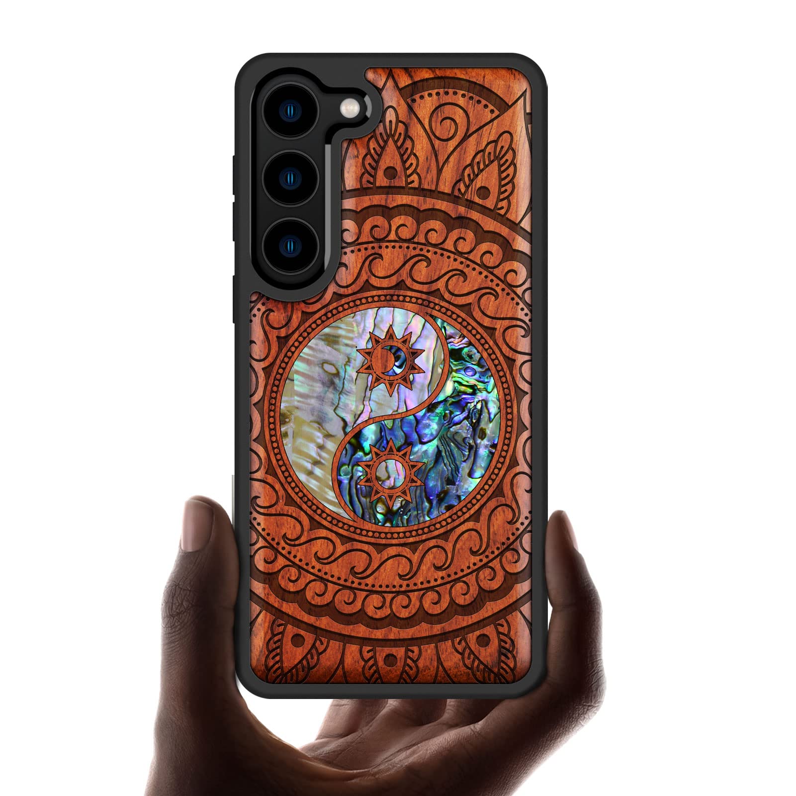 Carveit Designer Wooden Case for Samsung Galaxy S23 Cover [Wood Engraving & Shell Inlay] Compatible with Wireless Chargers Galaxy S23 Case (Yin Yang